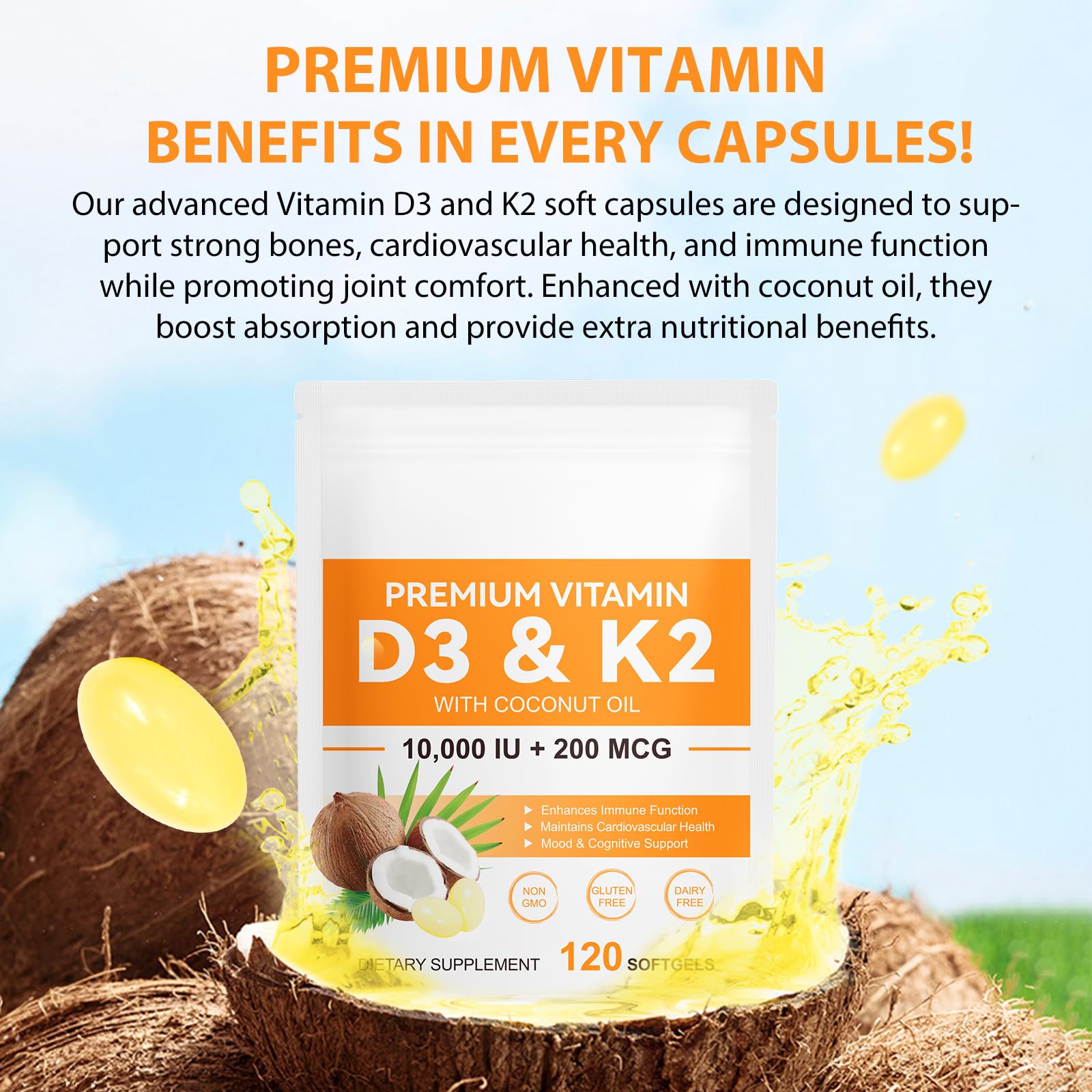 flasture Vitamin D3 K2 Supplement Softgels, 10000 IU VIT D3 + 200 MCG K2 (MK-7) | 2-in-1 Replenish Formula with Coconut Oil, Supports in Calcium Absorption, Easy to Swallow 120 Capsules. — Amazon image 6