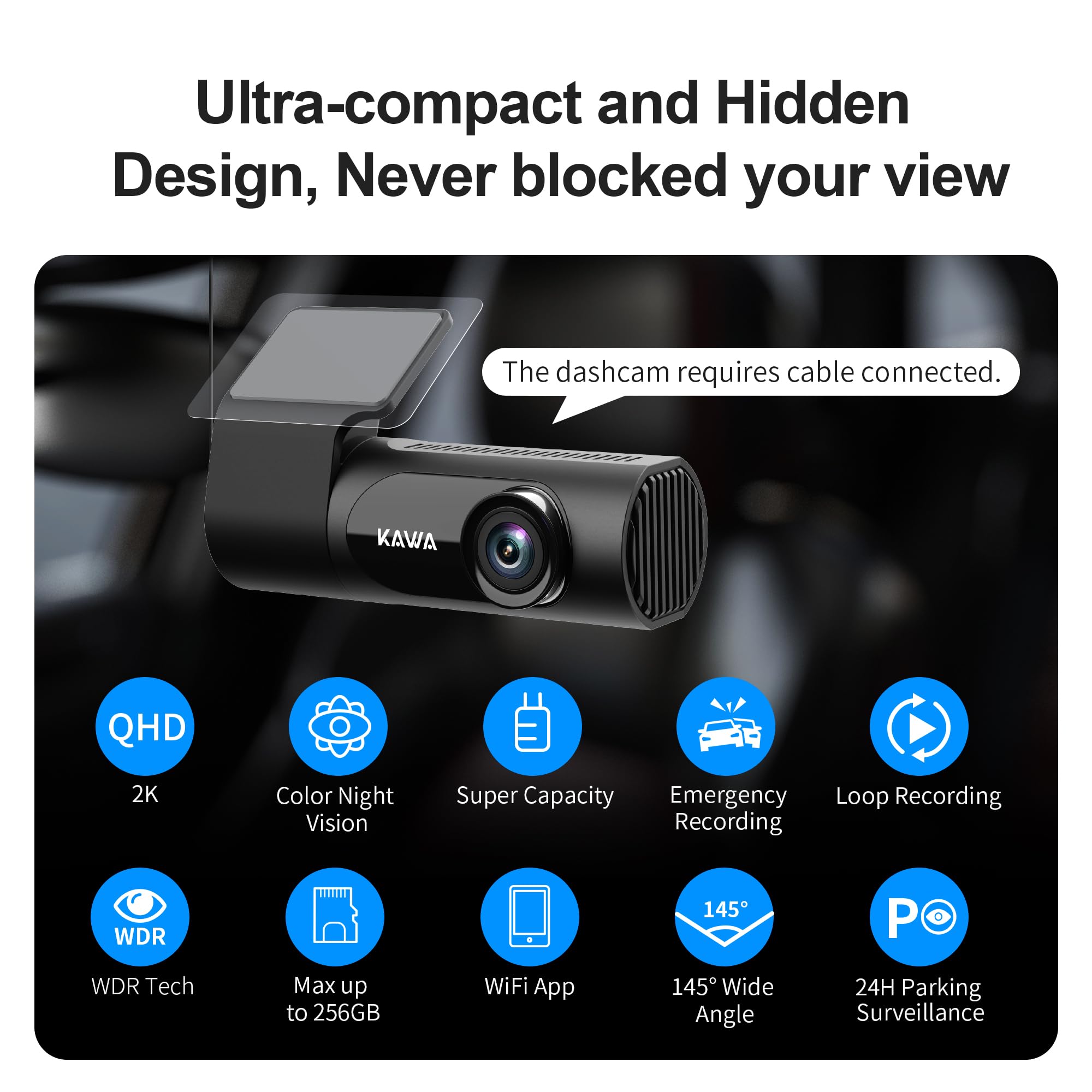 KAWA Samochodowa kamera na deskę rozdzielczą 2K 1440p QHD z superkondensatorem, obracana o 360°, Wi-Fi, czujnik G, szeroki kąt widzenia 145°, widoczność w nocy, nagrywanie w pętli, monitorowanie