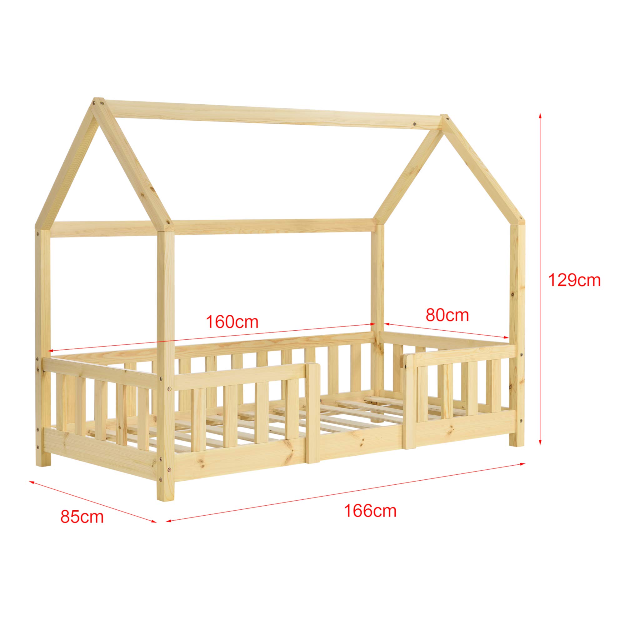 [en.casa] Letto per Cameretta Letto a Casetta per Bambini con Barriere Letto Singolo in Legno di Pino con Zona di Riposo 80x160 cm Naturale