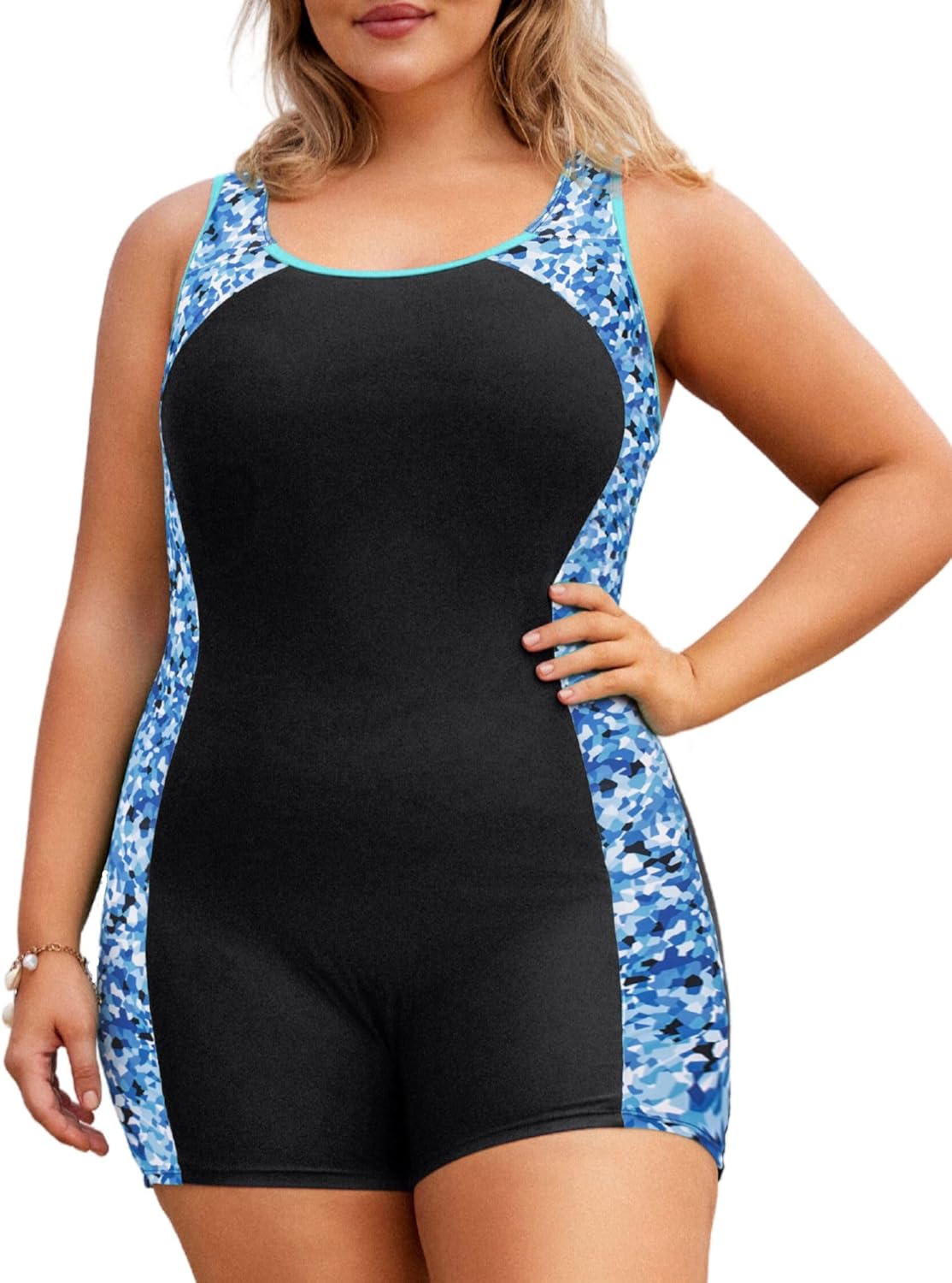 Hanna Nikole Plus Size Swimsuit Boyleg One Piece Water Aerobic Competitive Bathing Suit 2024 Tummy Control Blue Printed 20 W