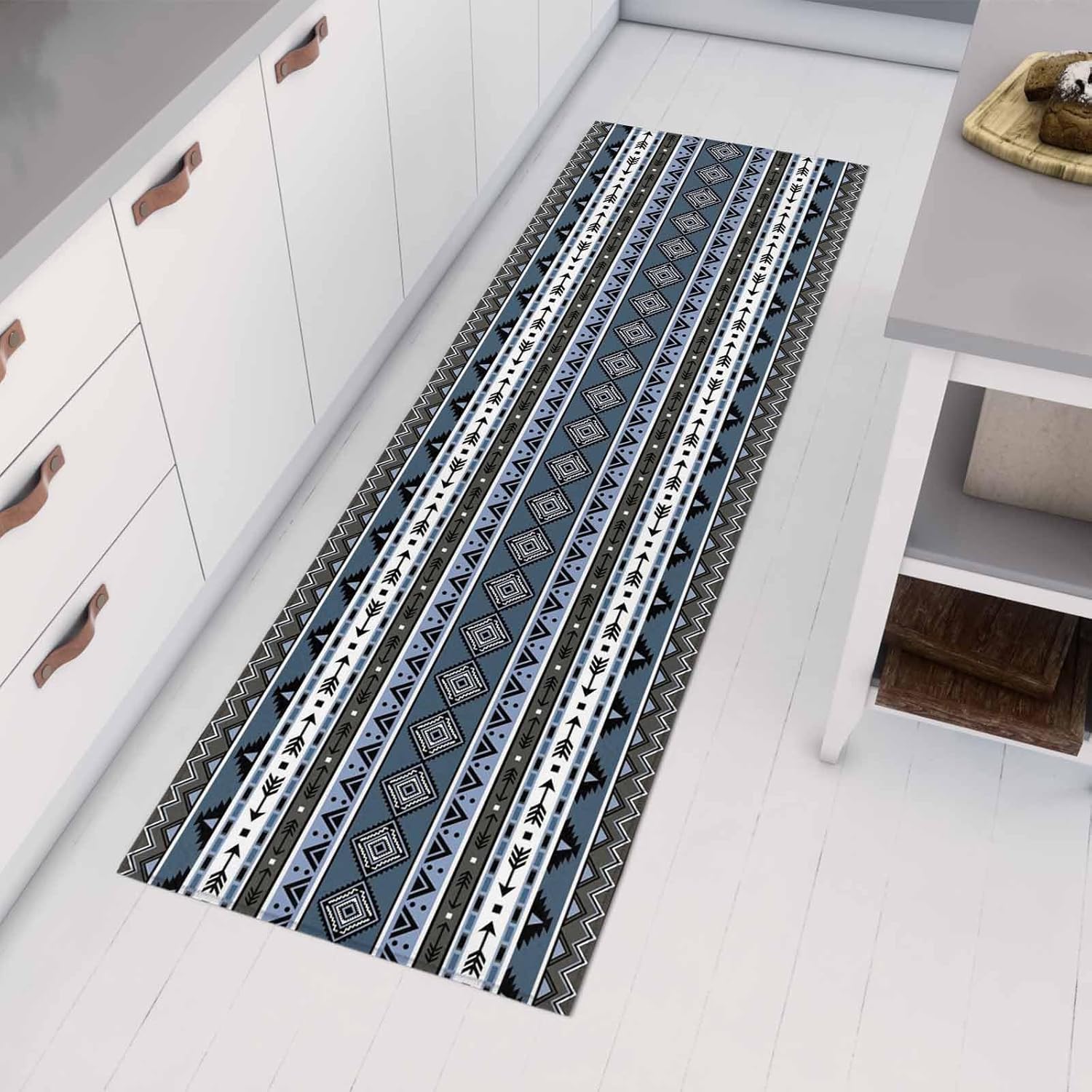 Teamery Kitchen Mats for Floor Navy Blue Stripe Retro Boho Washable Non Slip Kitchen Rugs 1PCS, Abstract Tribe Geometric Absorbent Standing Mats for Sink Bathroom Office Living Room 23.6x70.9in