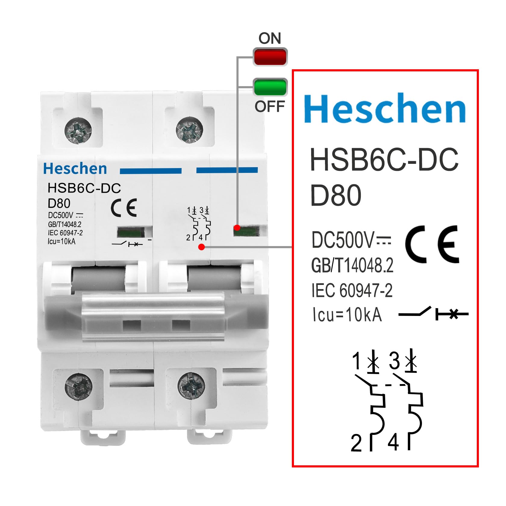 Heschen Interruttore Miniatura DC HSB6C-DC 2 Poli - Per Impianti Fotovoltaici, 500V 80A, Montaggio DIN - Foto 10