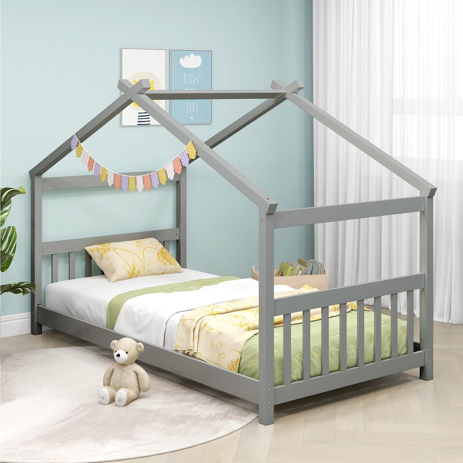 Giantex House Bed Twin, Solid Wood Kids House Bed with Roof, Headboard and Footboard, Low Floor Twin Bed Frame for Toddlers Teens Girls Boys, No Box Spring Needed, Grey