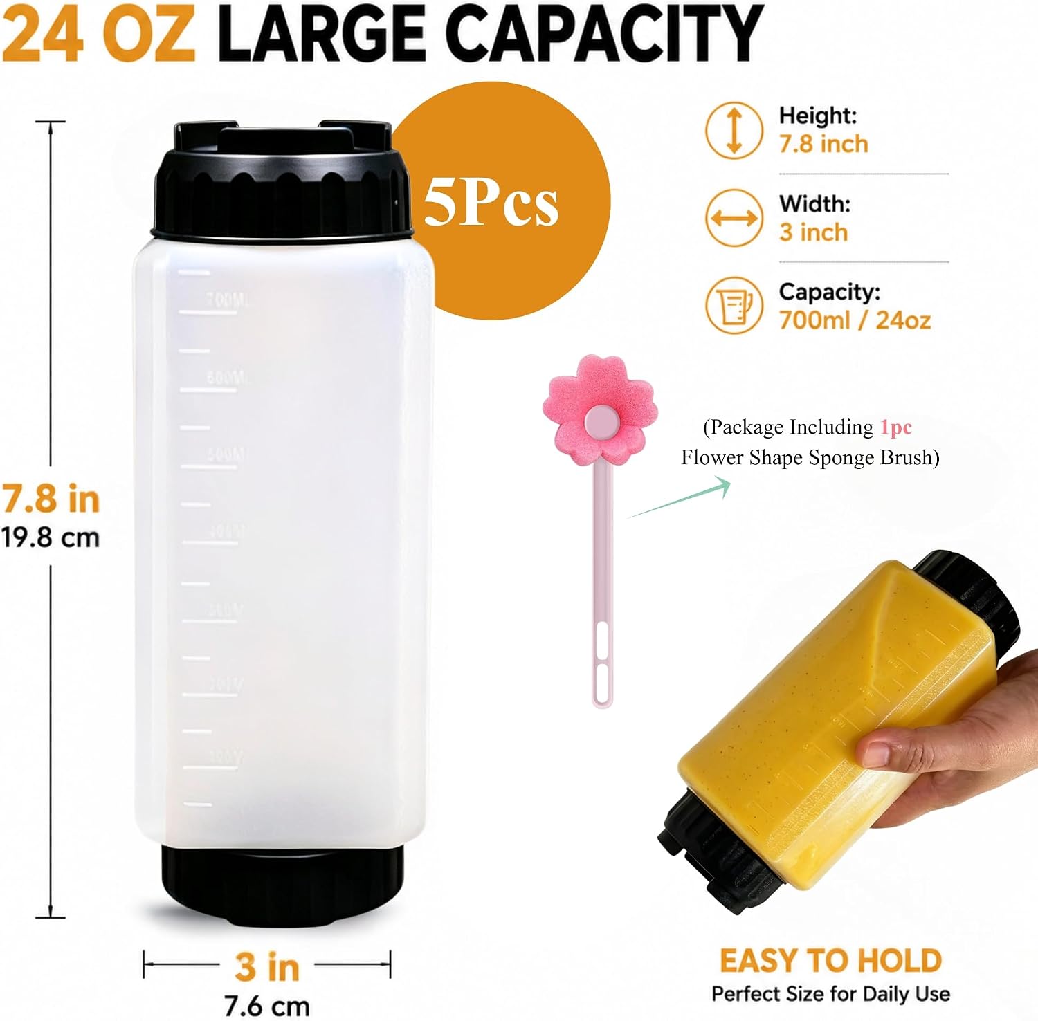 5 Pack FIFO Squeeze Bottles 24oz, Food Grade Plastic Square Sauce Bottles with Scale, First In First Out Design Condiment Dispensers for Sauces, Dressings, Includes Bonus Cleaning Brush
