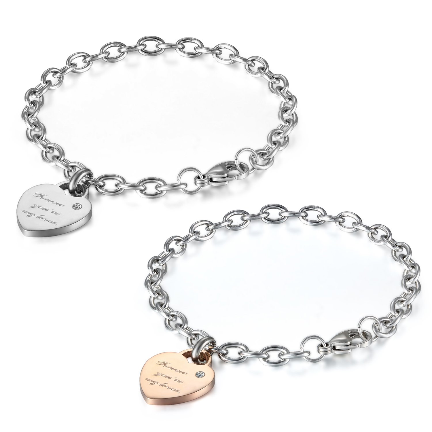 JewelryWe Sieradenarmband voor dames, roestvrij staal, elegant, Forever You're My Lover, gravure, hart, rolo-ketting, bedel, armband, armband, armband, armband, armband, armband, cadeau, zilver