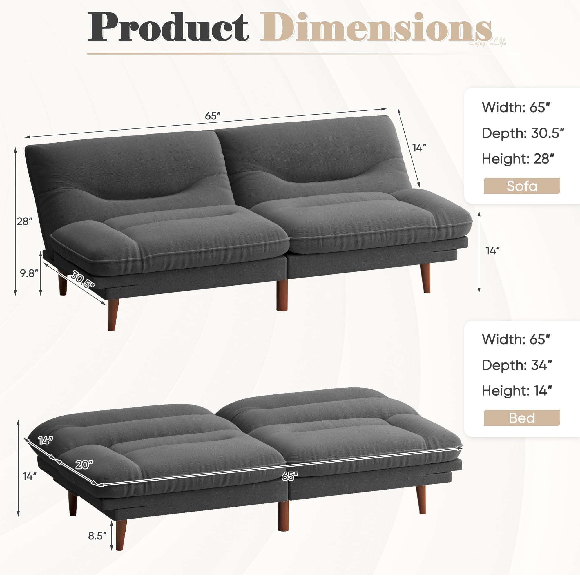 Homall 65'' Futon Sofa Bed, Modern Convertible Loveseat Futon Couch | Sleeper Sofa with Adjustable Backrest & Armrests, Wood Frame Recliner Lounge for Living Room, Apartment | Linen, French Grey