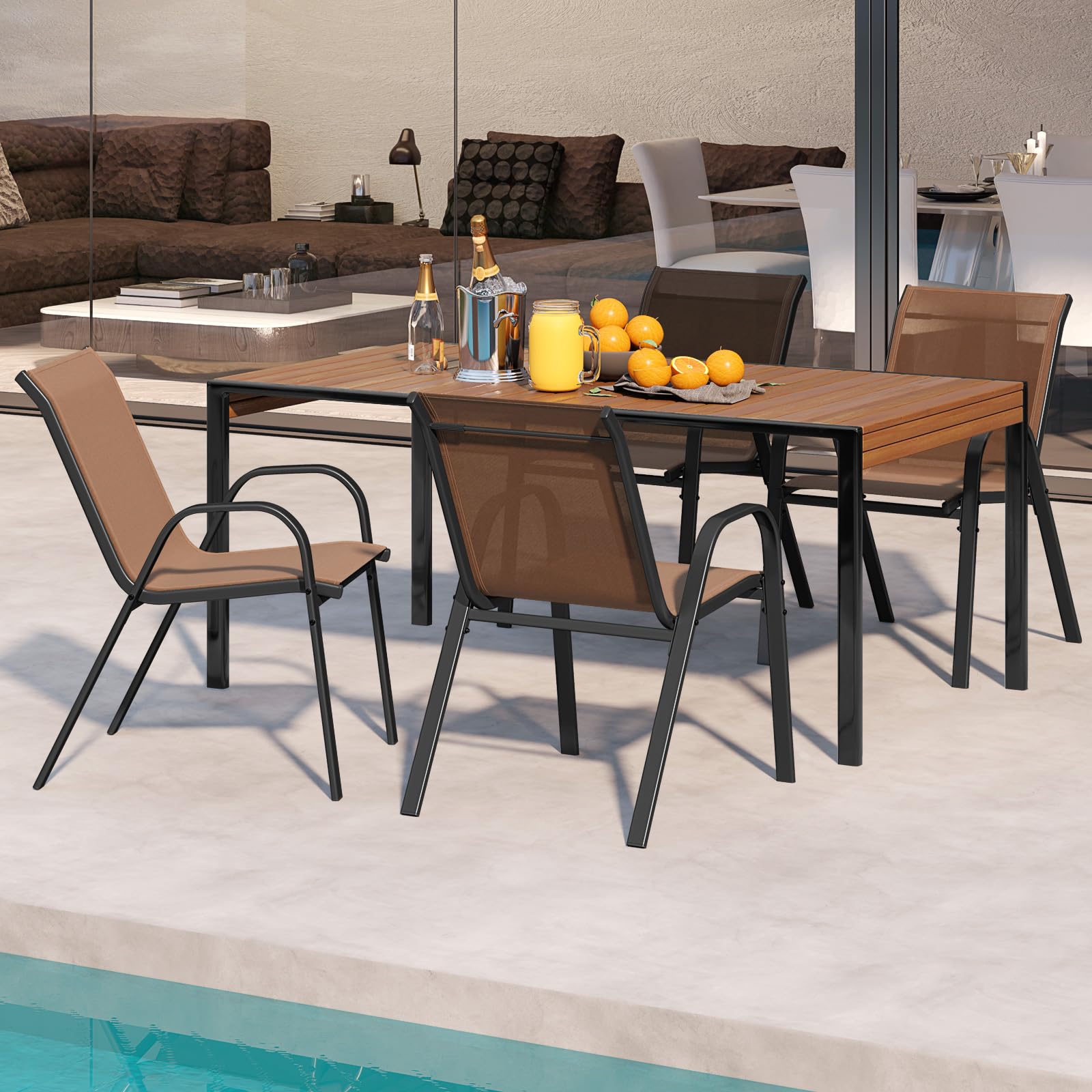 GIANTEX Juego de 2/4 Sillas de Patio, Sillas de Comedor Apilables con Estructura de Metal Resistente y Tela Transpirable, Respaldo y Reposabrazos Ergonómicas, para Terraza, Piscina, Jardín (2, Marrón)