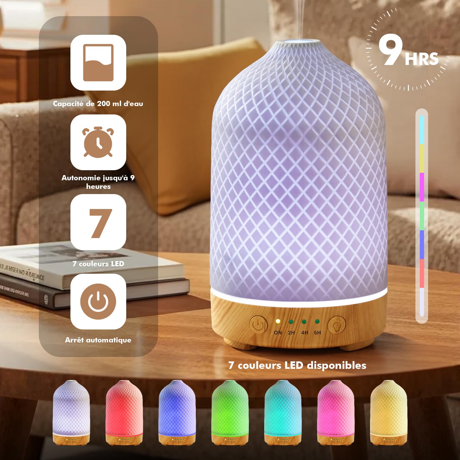 Diffuseur D'huiles Essentielles Diffuseur Electrique Ultrasonique Aromathérapie en Céramique 200ML avec Minuterie D'arrêt Automatique De 7 Couleurs pour Appartement Bureau Maison Yoga Cadeaux