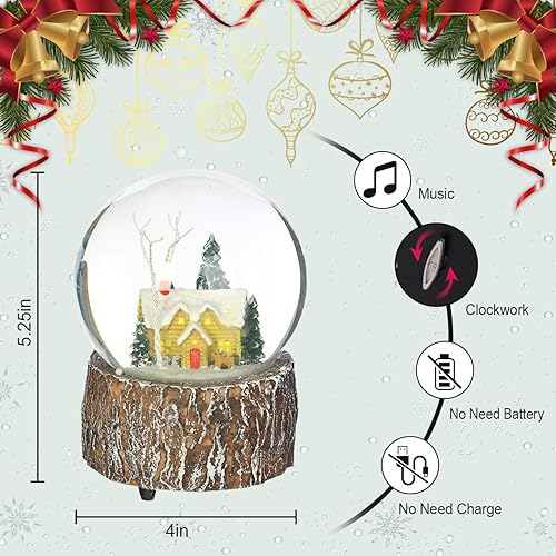 Miniatura 14 de Globo de nieve de cristal de Navidad Polystone Musical Water Globe con música para decoración navideña, Papá Noel y muñeco de nieve Papá Noel,Casa