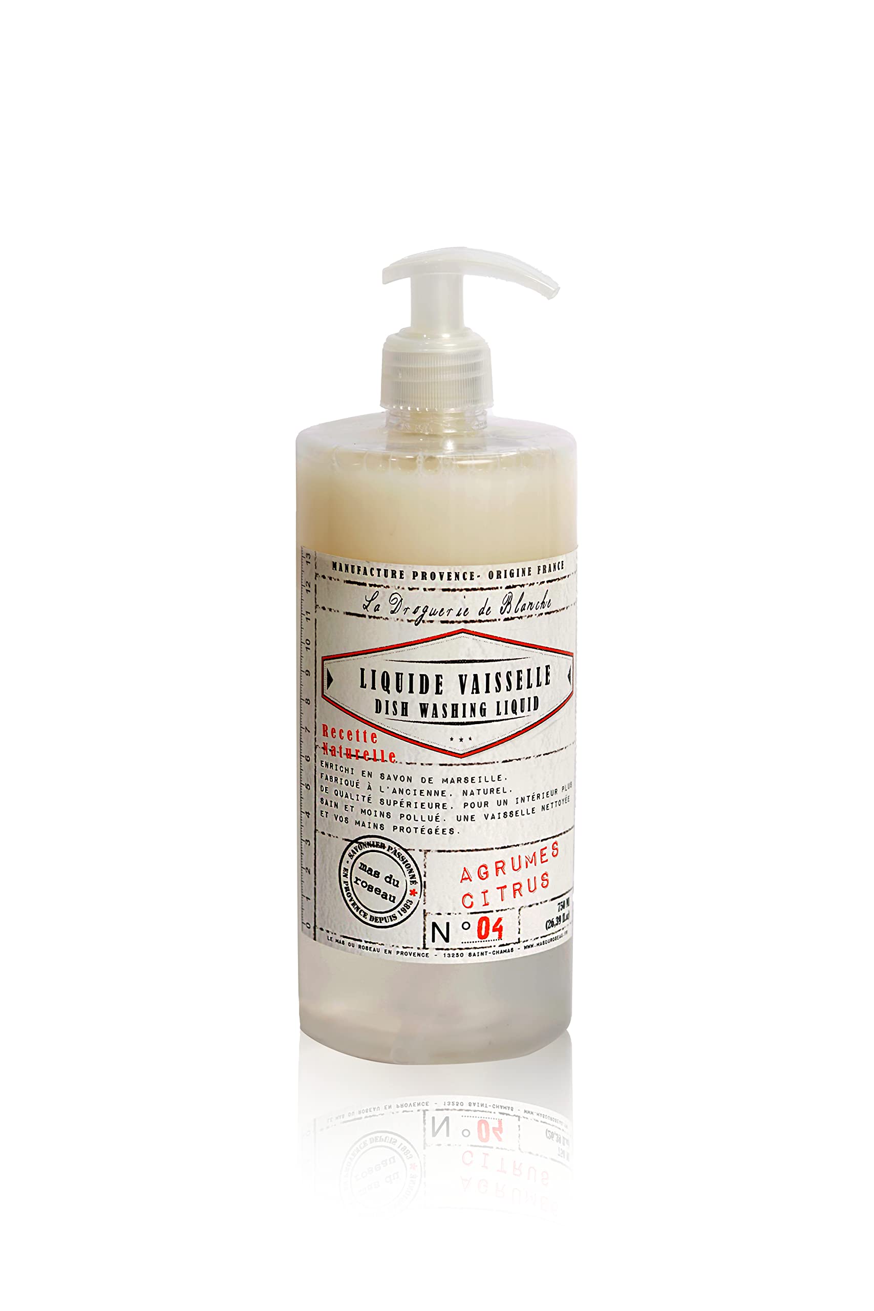 mas du roseauDishwashing Liquid/For Cleaning To Clean and Degrease Your Dishes/Enriched With Marseille Soap And Lemon Essential Oil, 750 ML