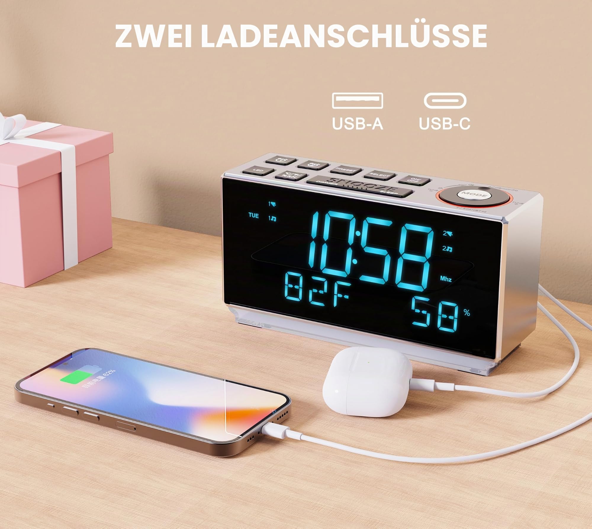 DAB+ & FM-Radiowecker mit Bluetooth, 40 Voreinstellungen, Kopfhörer, Dual-Weck mit Schlummer und Schlaf-Timer, Zwei Ladeanschlüsse, Dimmbare, Temperatur Feuchtigkeitsanzeige, LED-Display-Wecker 508D