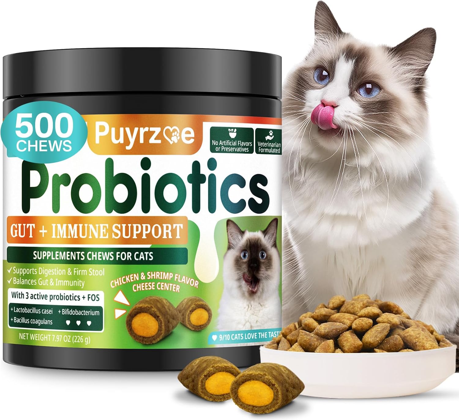 Cat Probiotics & FOS, Gut + Immune Support – 500 Chews Crunchy & Creamy Cheese Core, Probiotic for Digestive and Gut Health, Immunity, Constipation Relief for Cats Kittens – Chicken Shrimp