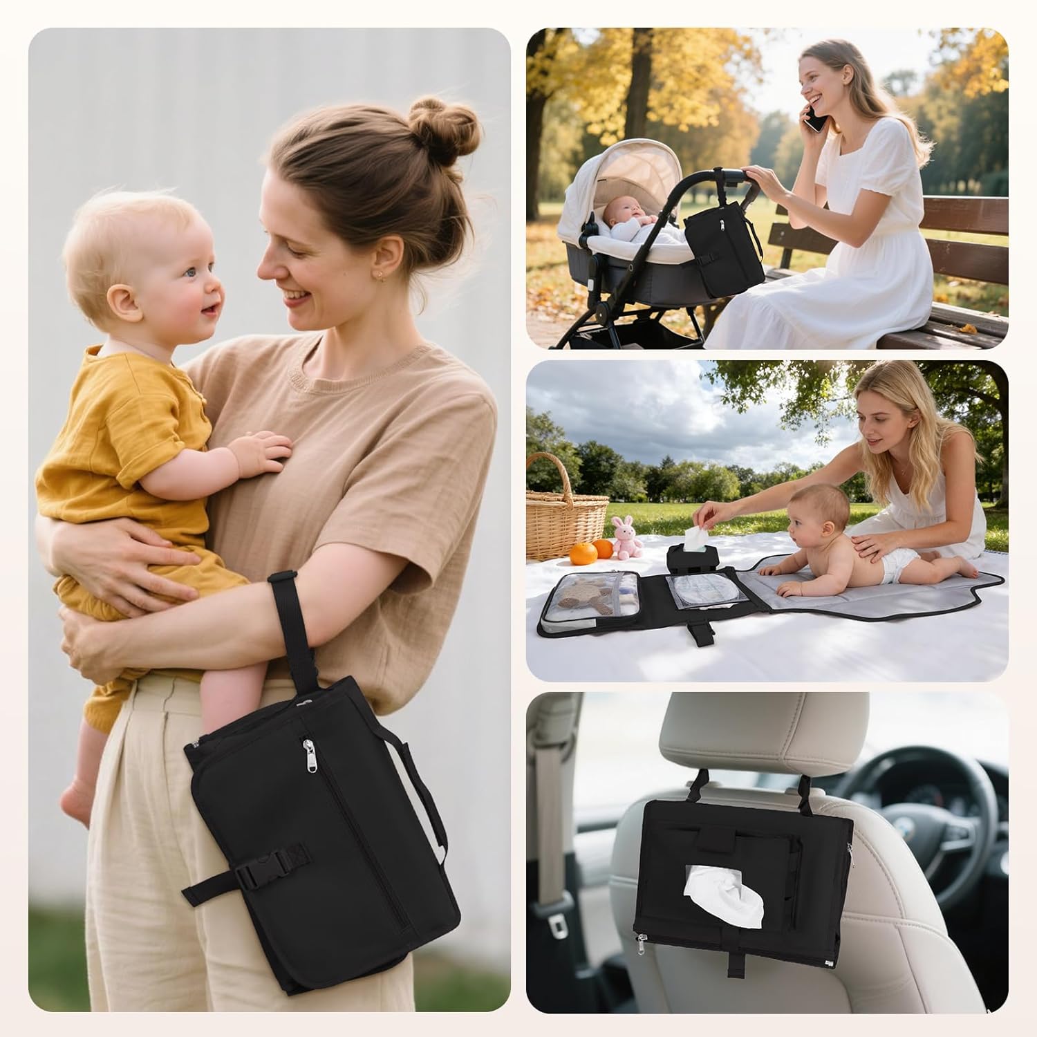 CEICEI Portable Diaper Changing Pad Waterproof Travel Baby Changing Mat with Large Wet/Dry Pocket & Elastic Wipes Pockets, Foldable Compact for On-The-Go Diaper Changer (Black)