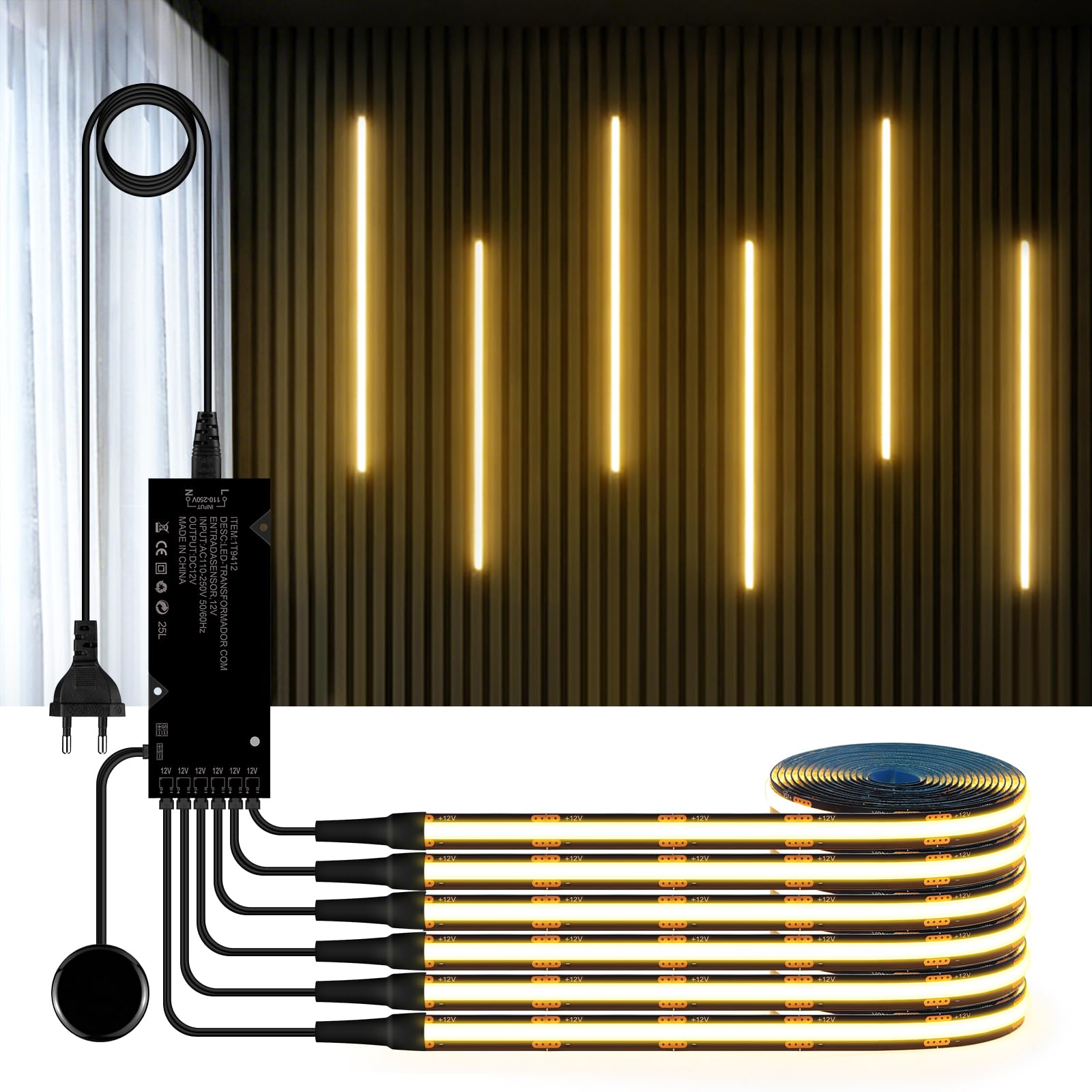 12V COB LED Strip,6 Rollen 3M Warmweiß Akustikpaneele COB LED Streifen mit Berühren und Hand Sweep Dimmer Schalten,Schneidbar COB LED Streifen für Vitrinen,Weinschränke,Küchen und Regale