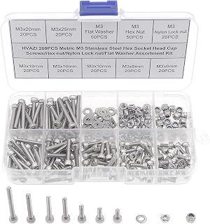 M3 304 Stainless Steel Knurled Hex Socket Cap Screw Nut Washer Kit | 260PCS 6-25mm Length, Metric DIN912, Fully Threaded Allen Fastener, Matching Hex Nuts, Nylon Insert Locknuts & Flat Washers