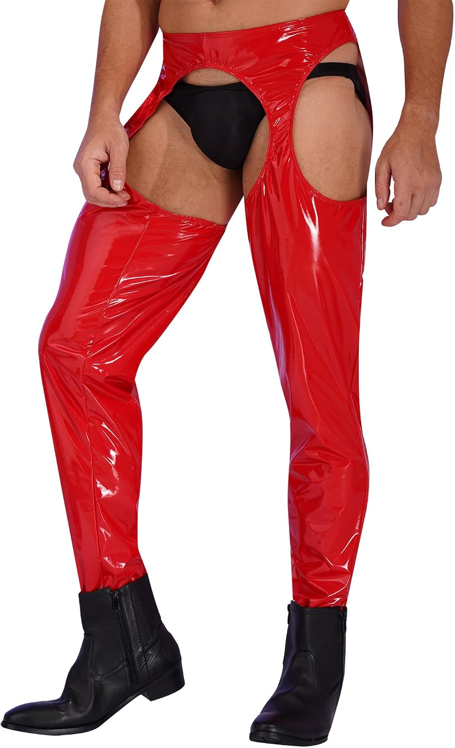 Sywiyi Mens Shiny PVC Leather High Waist Open Butt Slim Fit Leggings Tight Pants Long Trousers