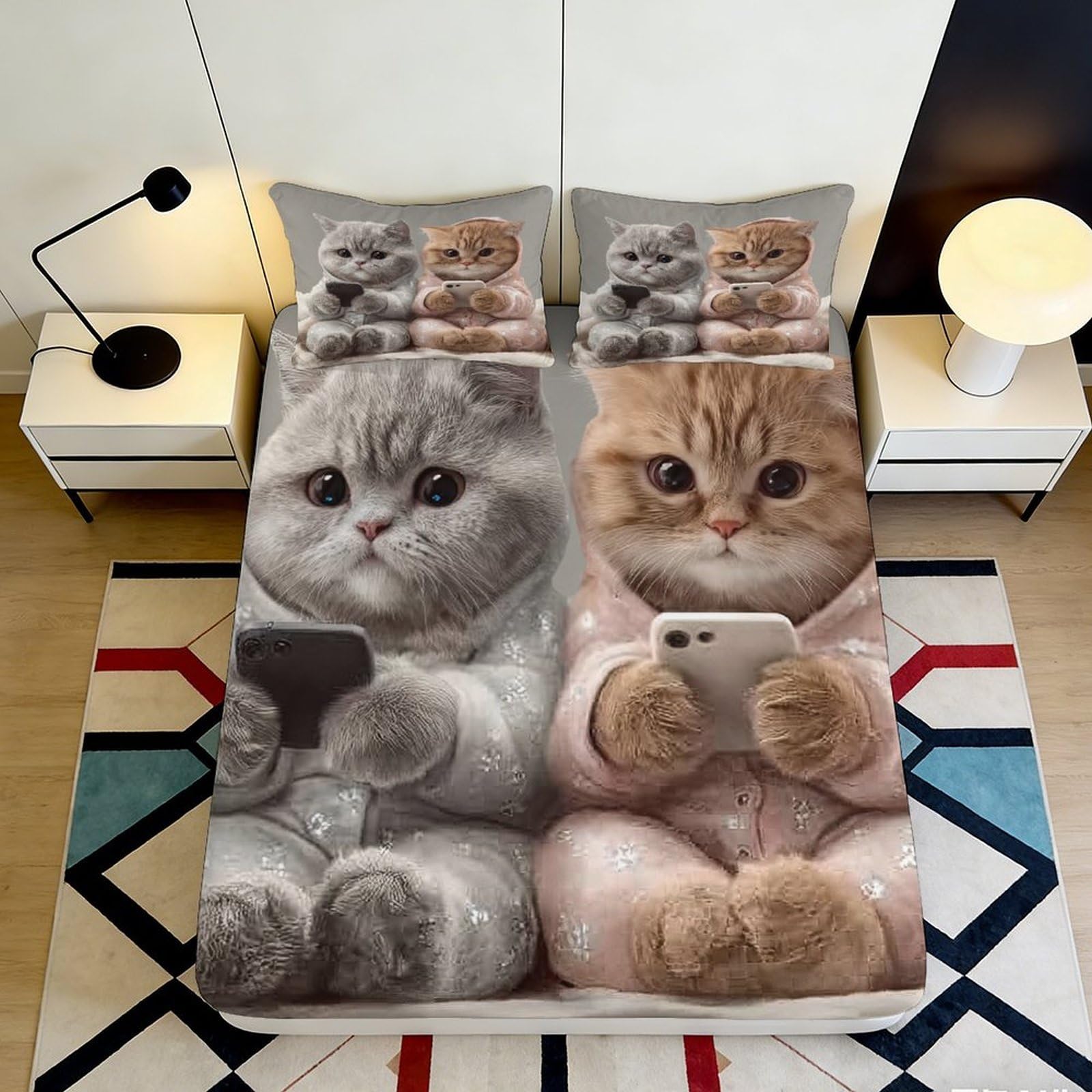 Jqzkxnhpbr Style-3 3D Printed Cute Cat Fitted Sheet Microfiber Soft Breathable Cartoon Kitten Bed Cover For Bedroom Guest Room Mattress Protection Decor 90X200x25cm