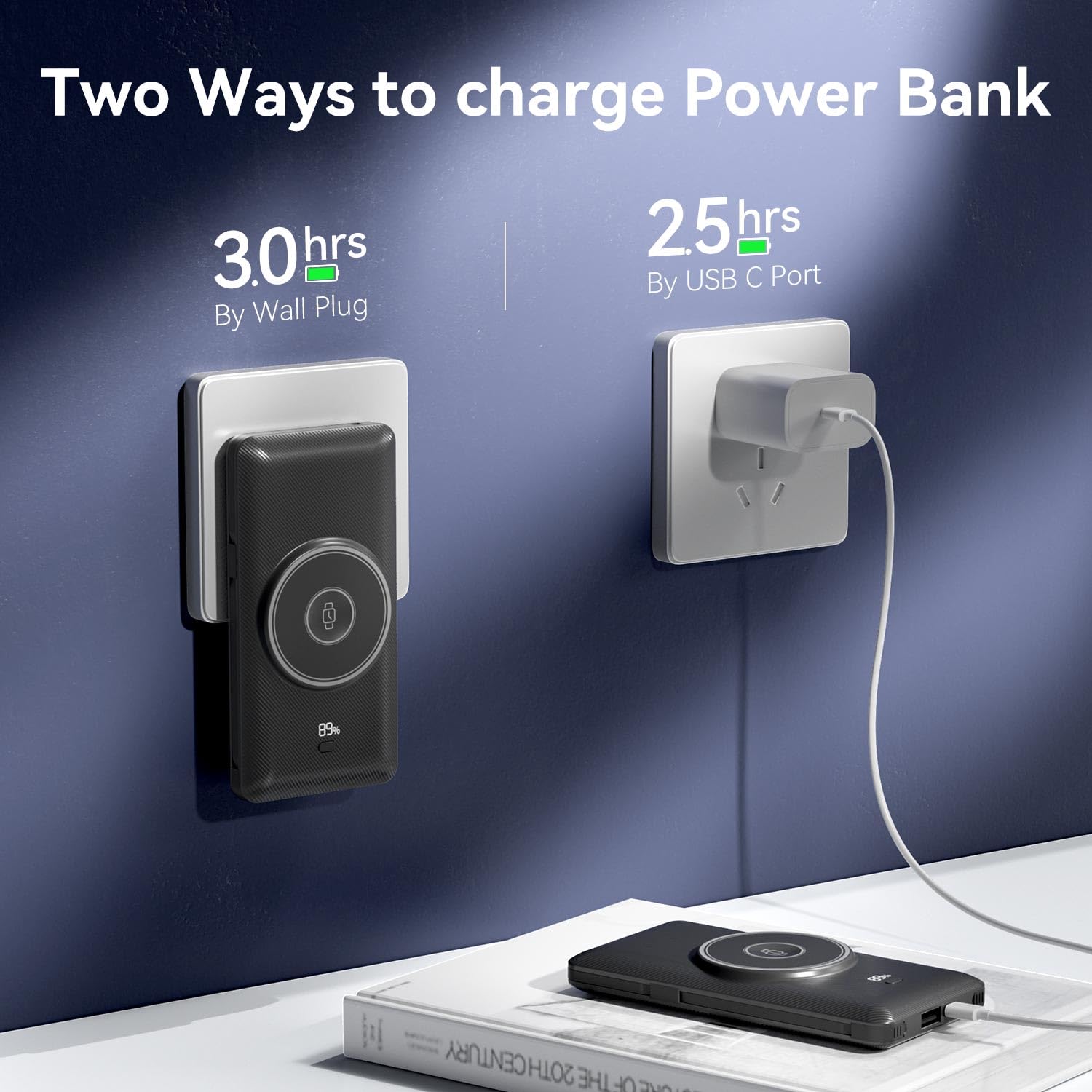 Caricabatterie portatile magnetico da 10000 mAh per iWatch e iPhone, PD ricarica rapida wireless Power Bank cavi integrati e spina a muro, batteria esterna da viaggio compatibile con