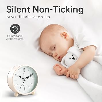 JALL Analog Alarm Clock, 4 inch Super Silent Non Ticking Small Clock with Night Light, Battery Operated, Simple Design, Old Fashioned Style Cream Decor, for Bedroom, Bedside, Desk, Adult, Gift, White