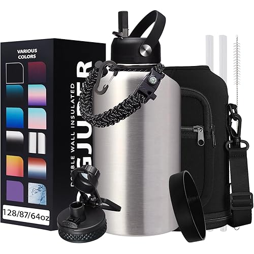 64 oz Insulated Water Bottle Stainless Steel - Gallon Water Bottle with Straw, Half Gallon Water Jug Wide Mouth, Sweat-Proof Metal Flask Mug with Paracord Handle For Gym Camping Hiking