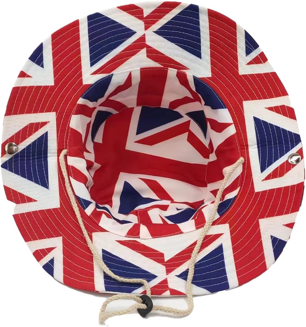 UK British Flag Cowboy Hat for Men Women Wide Brim Western Sun Hat with Chin Strap Foldable Bucket Hat for Hiking Fishing