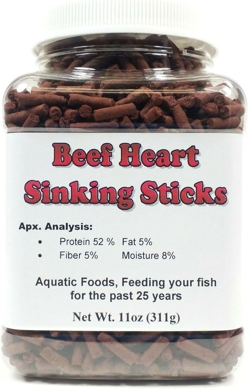 Aquatic Foods Inc. Beef Heart Sinking Sticks, APX 1/8" x 7/16" Beef Heart Sticks for Discus, Cichlids, Koi & Pond Fish, Great for All Tropical Fish - 2-lbs Large Jar