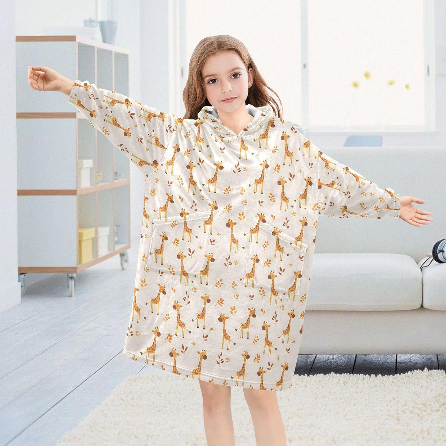 Little Giraffe Cute Prints Wearable Blankets for Kids, Soft Warm Cozy Blanket Hoodie for Boys Girls with Pocket