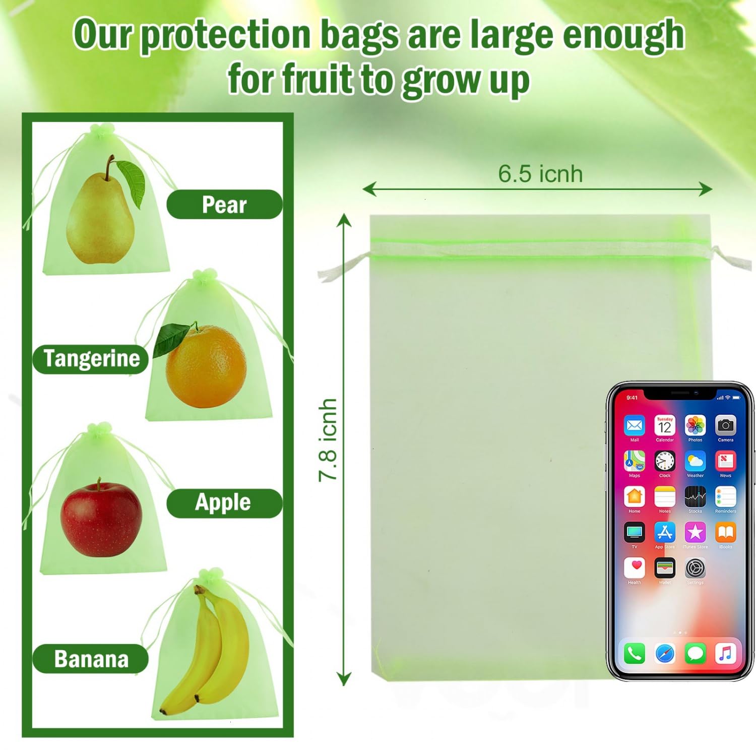 June Fox 50 Pcs Fruit Protection Bags 6x9 inch, Fruit Netting Cover Bags with Drawstring, Mesh Fruit Protectors Barrier Bags for Mangoes Tomatoes Fruit Trees Veggies Garden (Green)