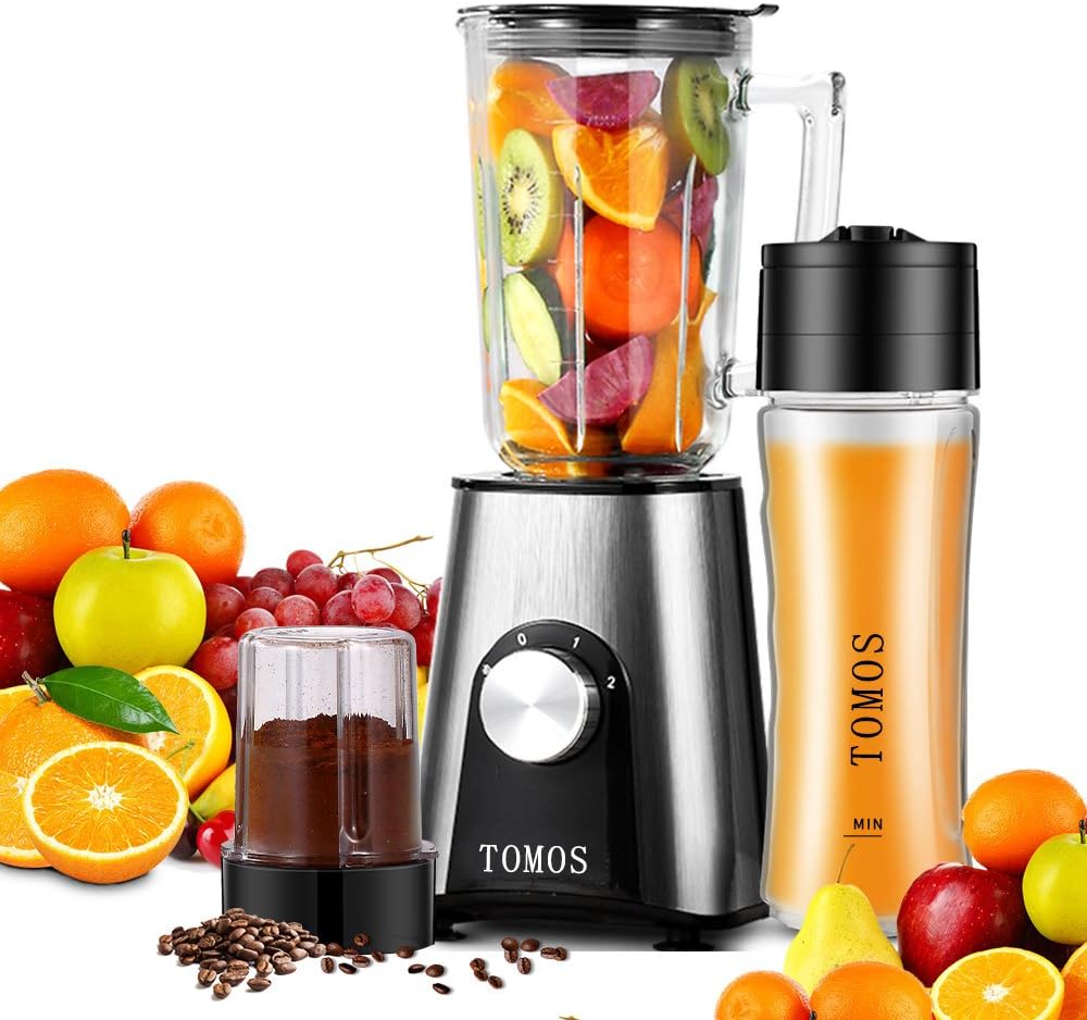 Tomos Smoothie Blender, 300w Personal High Speed Blender for Shakes, Smoothies and Juice with 700ml Glass Jar and Travel Sport Vacuum Bottles