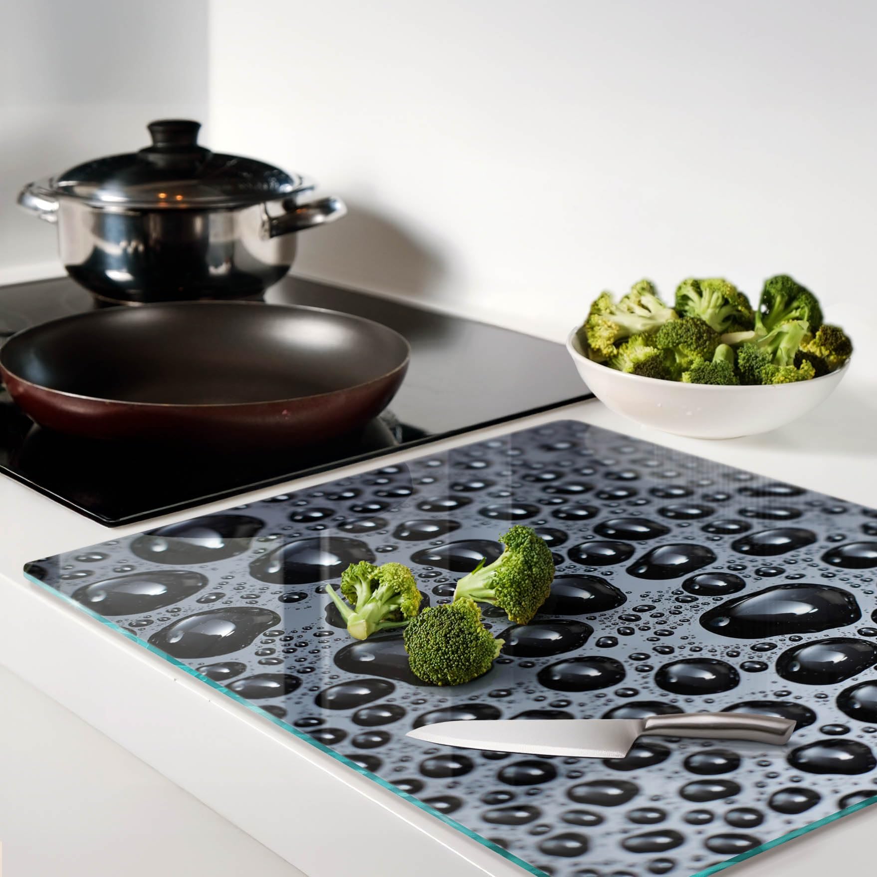Planche à Découper pour la Cuisine 60x52 cm Avec Impression Décoration Résistant à la Chaleur Modernité Symétrique Contact Alimentaire Bords Polis Pieds Antidérapants - Gouttes d'eau
