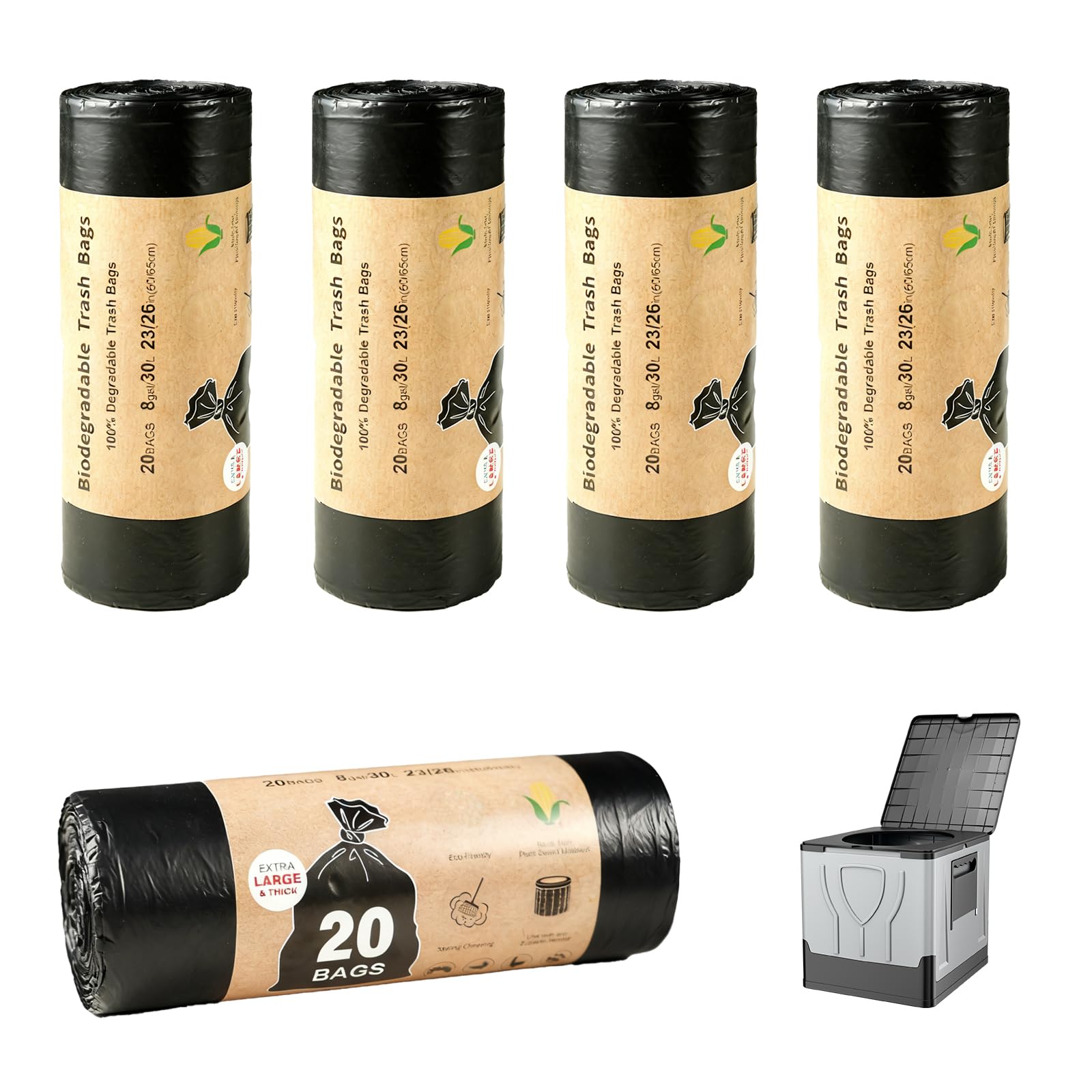 Lot de 100 sacs de toilette de camping, noirs, 30 l, biodégradables, pour la randonnée, toutes les toilettes de camping, étanches, extra épais, accessoires de toilette séparables