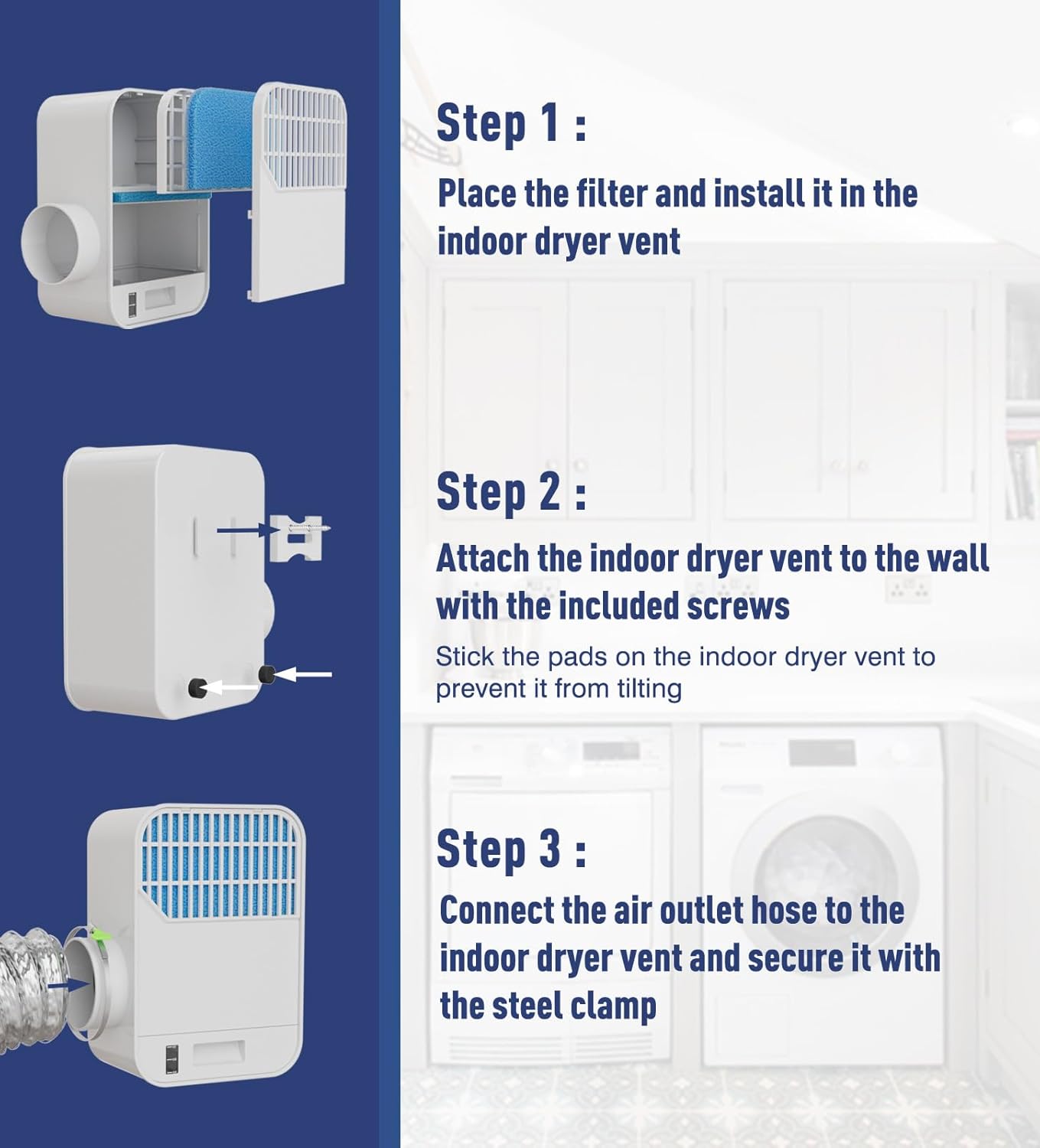 3-in-1 Indoor Dryer Vent Kit for Electric Dryer, Polyester Filter and Water Drawer System, Eiminate Lint Dust, with 3 Pieces Polyester Filters, For Electric Dryers Saves Energy