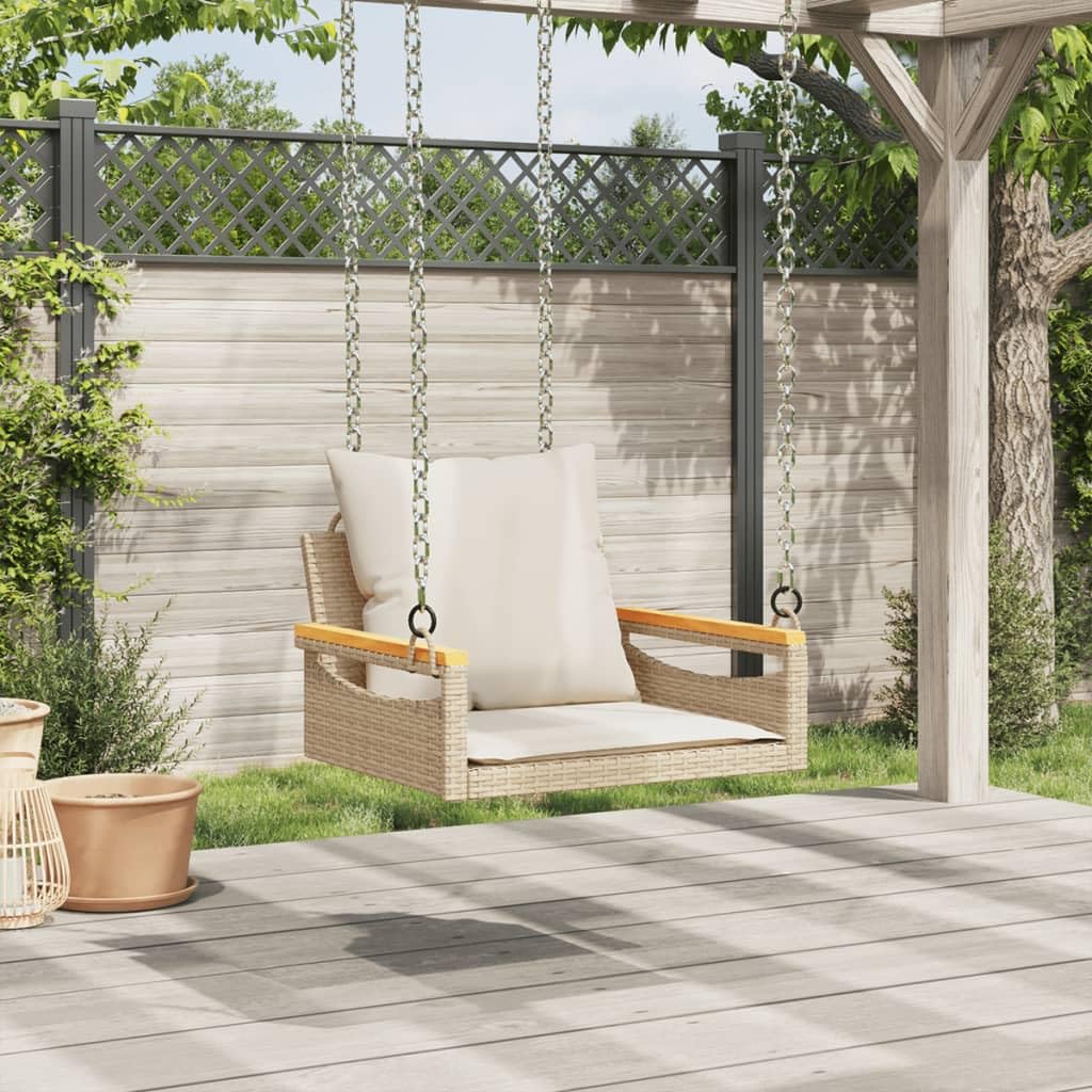 Banco Columpio con Cojines ratán sintético Beige 63x62x40 cm, Columpio Jardin Exterior, Balancin Jardin Exterior, Muebles Jardin Exterior, Balancin Balcon - 368166