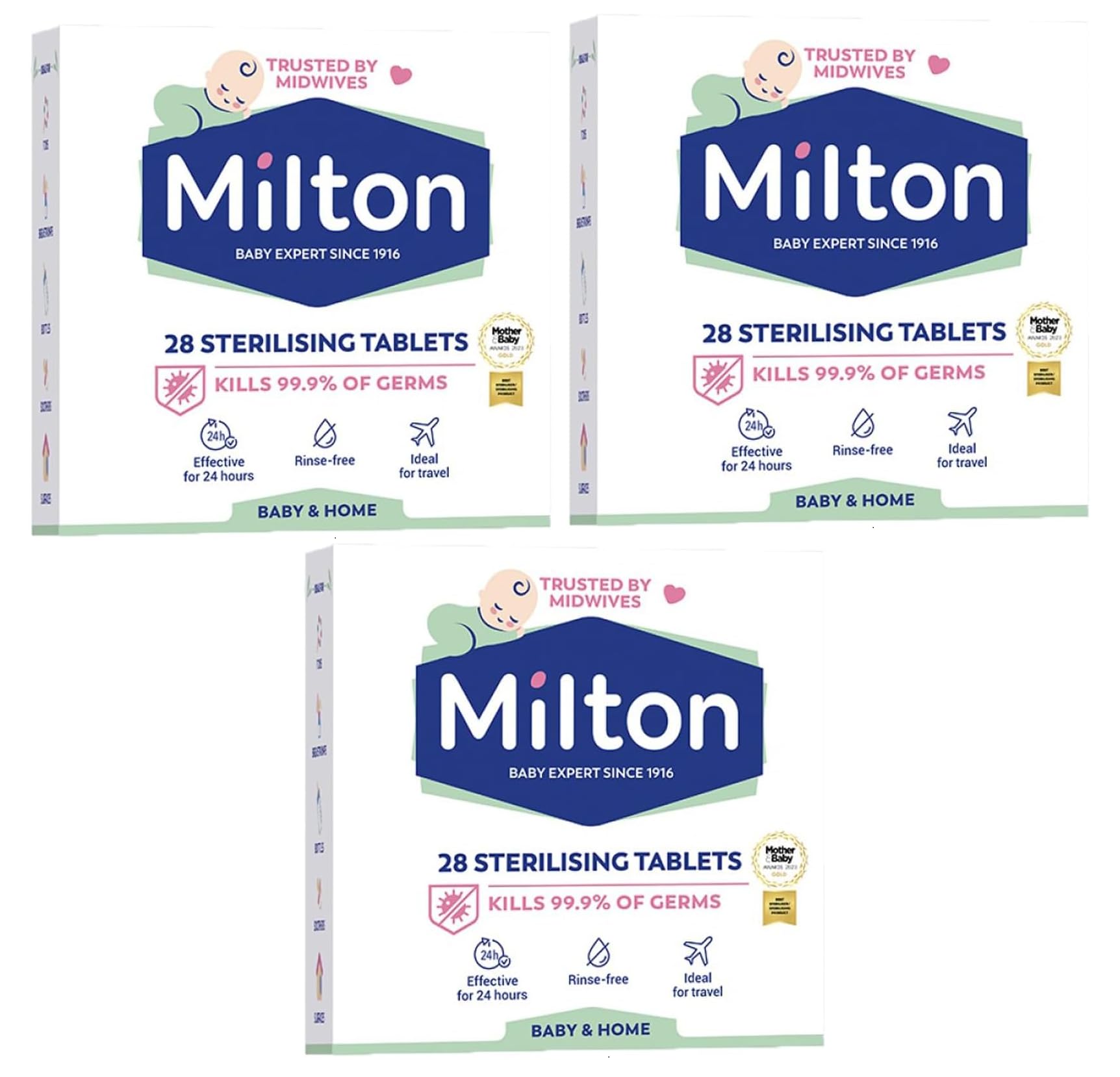 MiltonBaby Sterilising 28 Tablets Pack - Cold Water Sterilisation - Feeding Bottle, Teats, Antibacterial, Antiseptic Cleaner, Household Surface Kitchen Hygiene (3 Packs of 28 Tablets)
