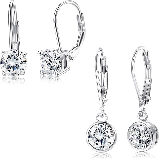 Milacolato 2 Pair S925 Sterling Silver Round Cut CZ Leverback Dangle Earrings for Women