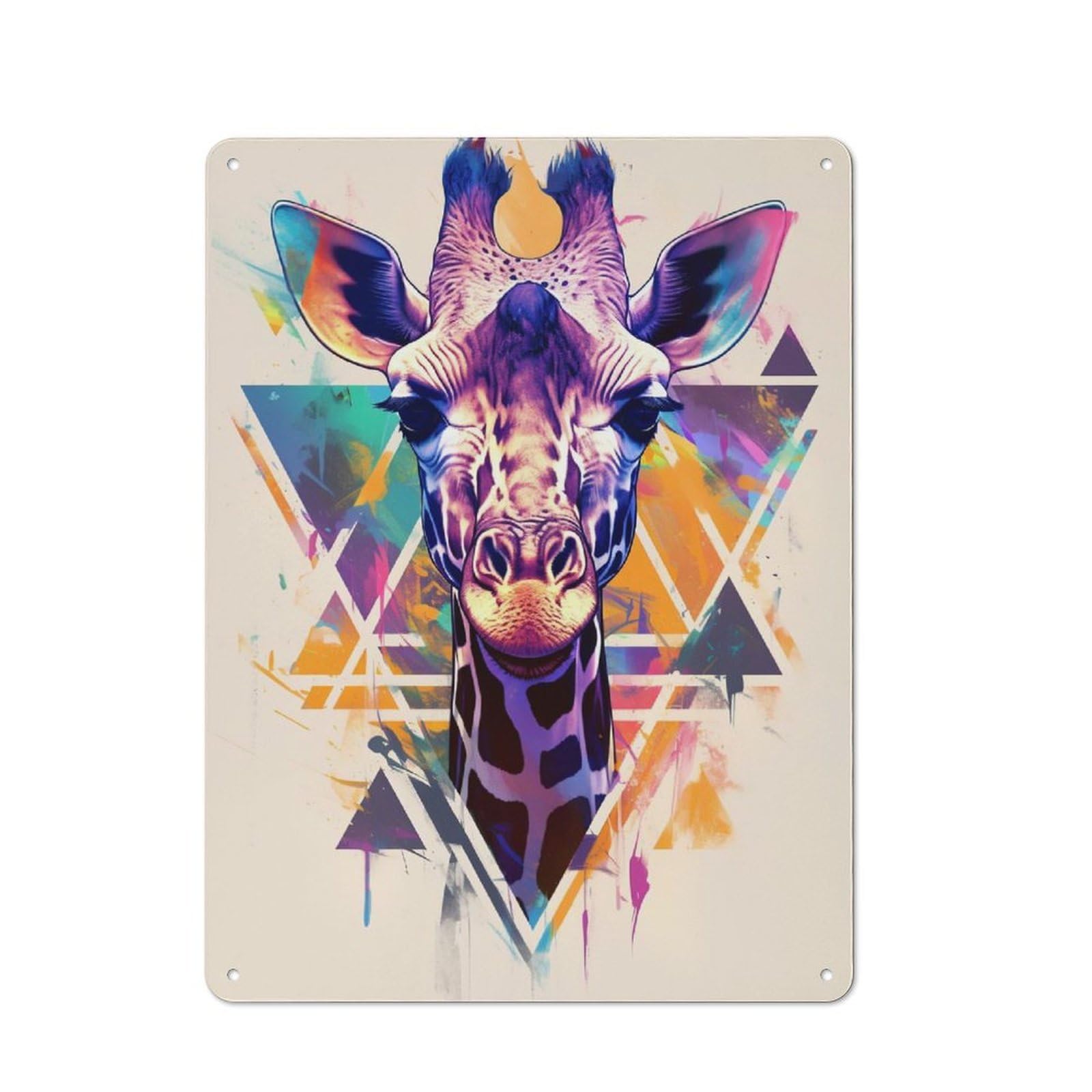 Junmoney Style-21 Colorful Giraffe Portrait With Geometric Background Vintage Tin Wall Plaque 40X30cm For Hobby Room Or Studio, A Decorative Metal Sign For Hobby Rooms And Studios
