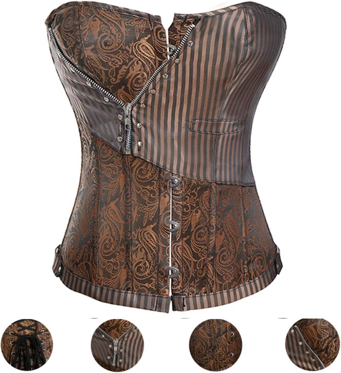 Miss Brown Corsets and bustiers Steampunk Corset Top Waist Gothic Clothing Corselet Brocade Zip Patchwork S-2XL(Dark Red,Large)