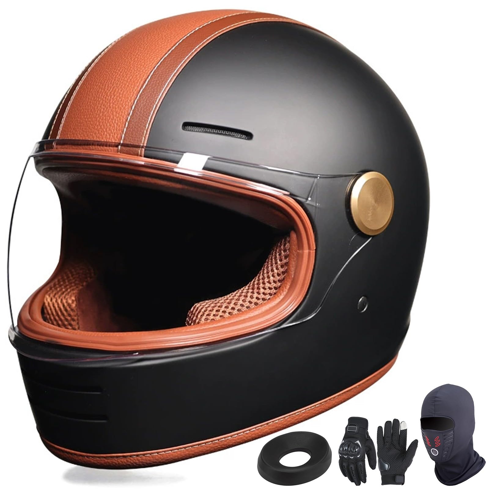 Casco Integral para Motocicleta, Homologado Según La Norma ECE R22-06, Cascos De Motocicleta Vintage con Máscara y Guantes para Hombres y Mujeres Adultos B,M (55-56cm)