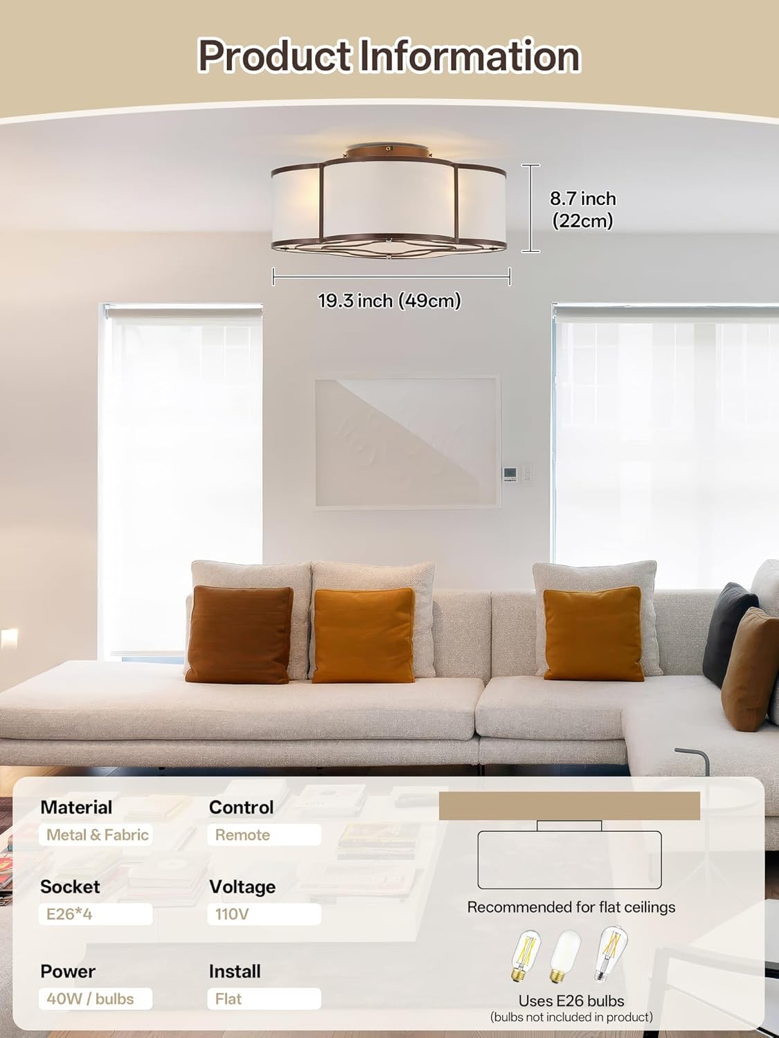 20" Brown Flush Mount Ceiling Fan with Light, Boho Ceiling Fans with Lights, Rattan with Remote Control 6 Speeds for Living Room, Bedroom, Nursery