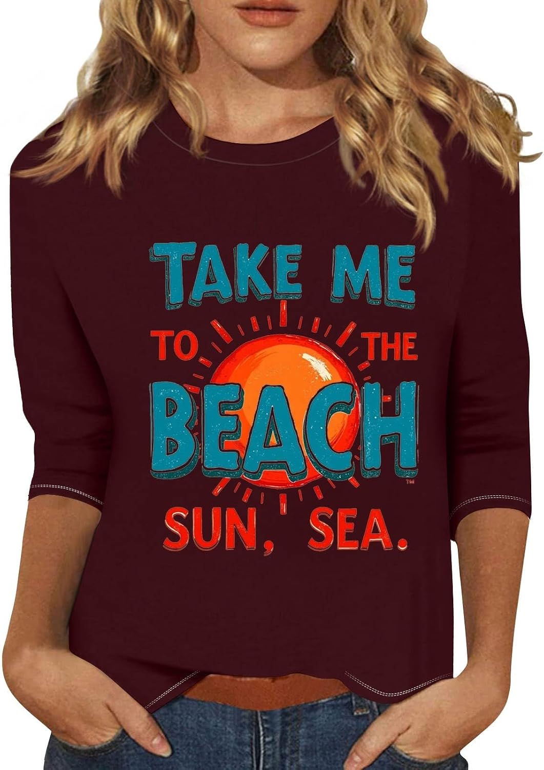 Summer Tops for Women Cute Graphic Crewneck Tee Fashion 3/4 Sleeve 2D Print Shirts Lightweight Blouses Trendy Tunic