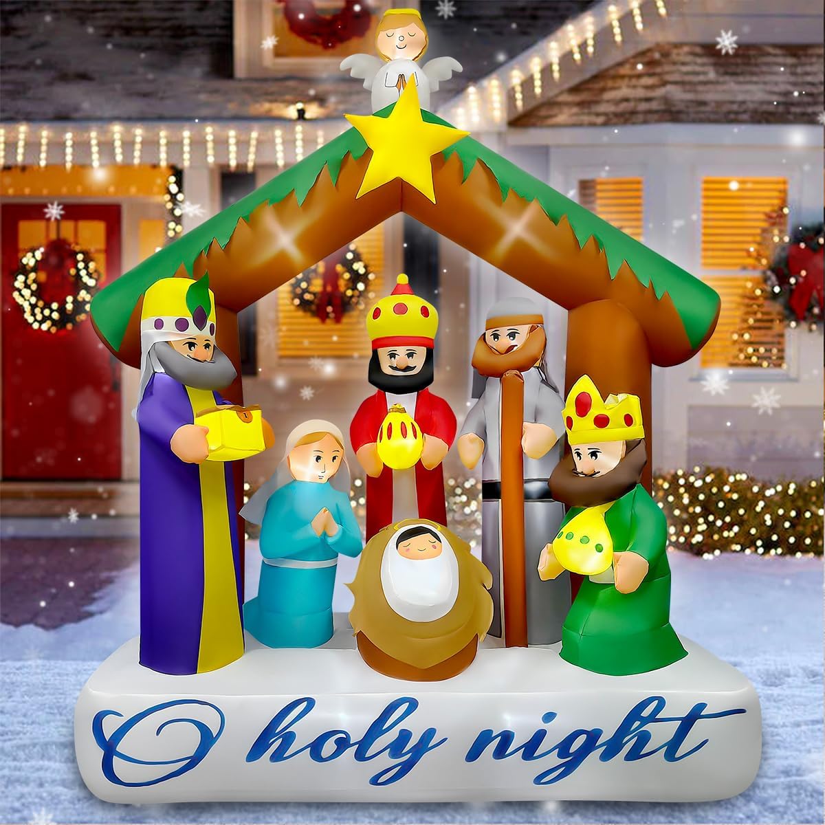 7FT Christmas Inflatable Nativity Scene, Large Outdoor Christmas Decorations with 16 LED Lights, Blow Up Jesus Nativity Set for Party Lawn Garden Yard, Lighted Christmas Inflatables