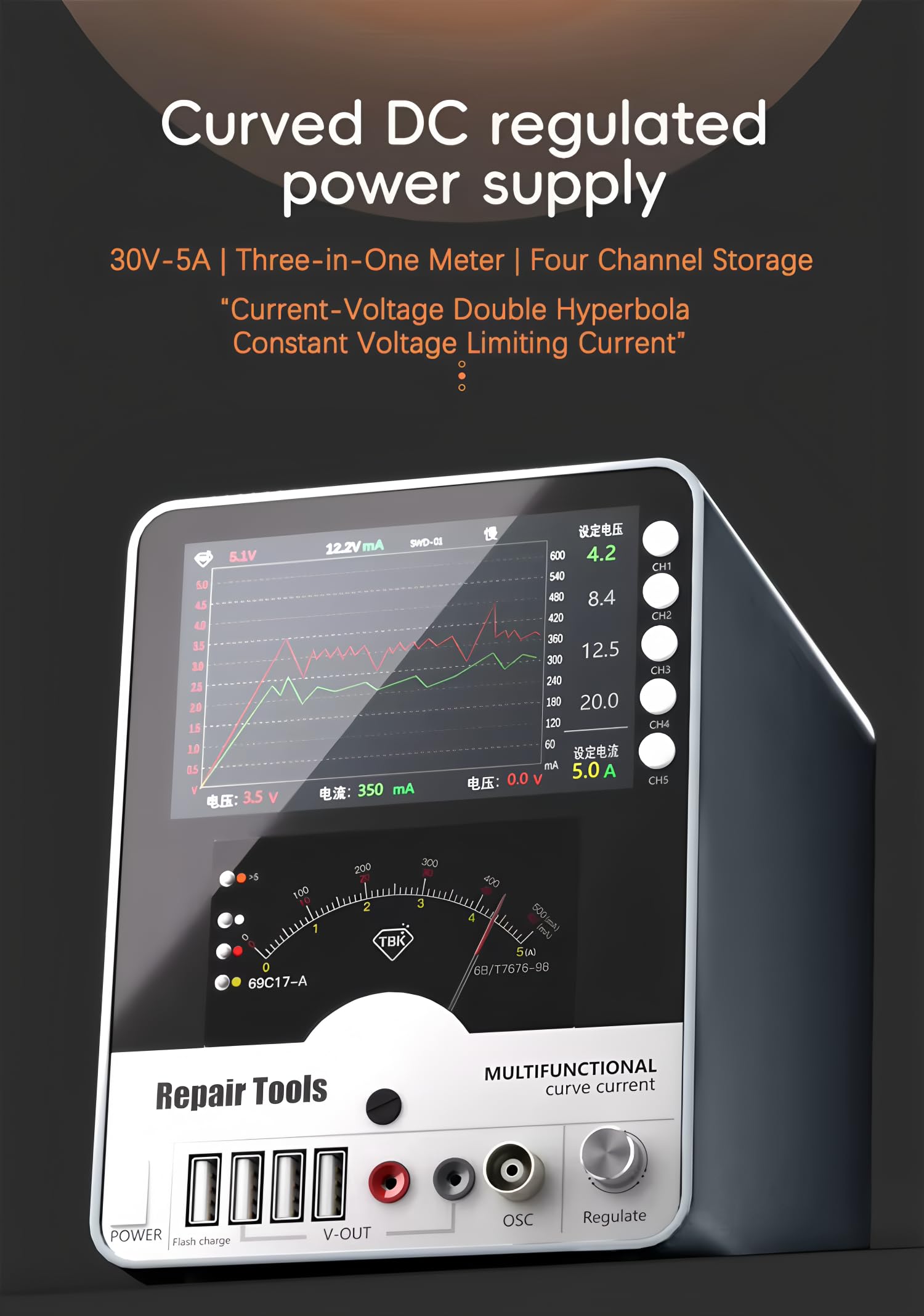 TBK 217 Fuente de Alimentación DC Curva de 150W con Múltiples Puertos, Limitación de Corriente, Carga, 30V 5A, Entrada de Voltaje y Corriente AC110V-230V