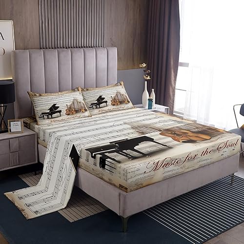 Miniatura 9 de Juego de sábanas de violonchelo de piano tamaño individual, juego de ropa de cama de 3 piezas para niños y niñas, decoración de habitación de Marrón