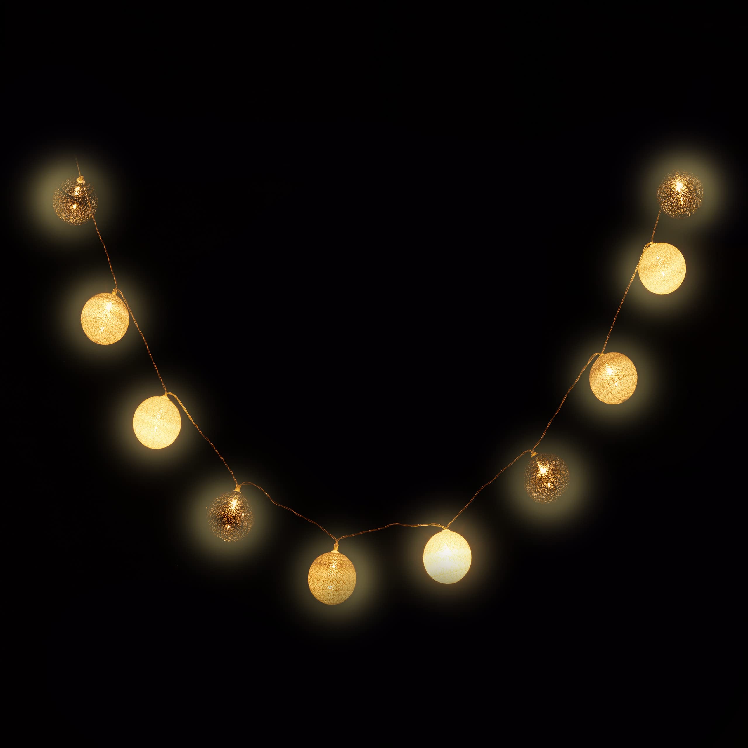 Relaxdays, Biało-szaro-czarny łańcuch świetlny LED z 10 bawełnianymi kulkami, zasilany bateriami, nastrojowe światła, kule 6 cm Ø, PS, bawełna