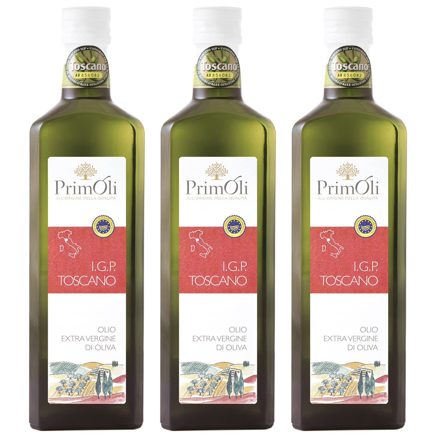 Olio extra vergine d'oliva IGP Toscano PrimOli prodotto e imbottigliato in Toscana, fruttato pieno e persistente, ideale usato a crudo su zuppe rustiche, selvaggina e bruschette, 3x500 ml