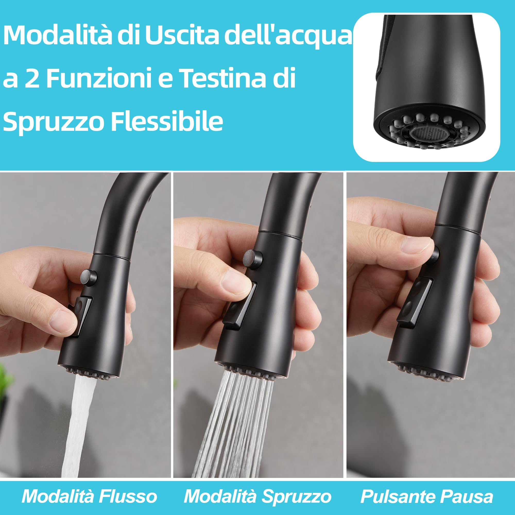 CREA Keukenkraan met 2 Soorten Spray, Waterkraan Zwart Uittrekbare Douche, 360° Draaibare