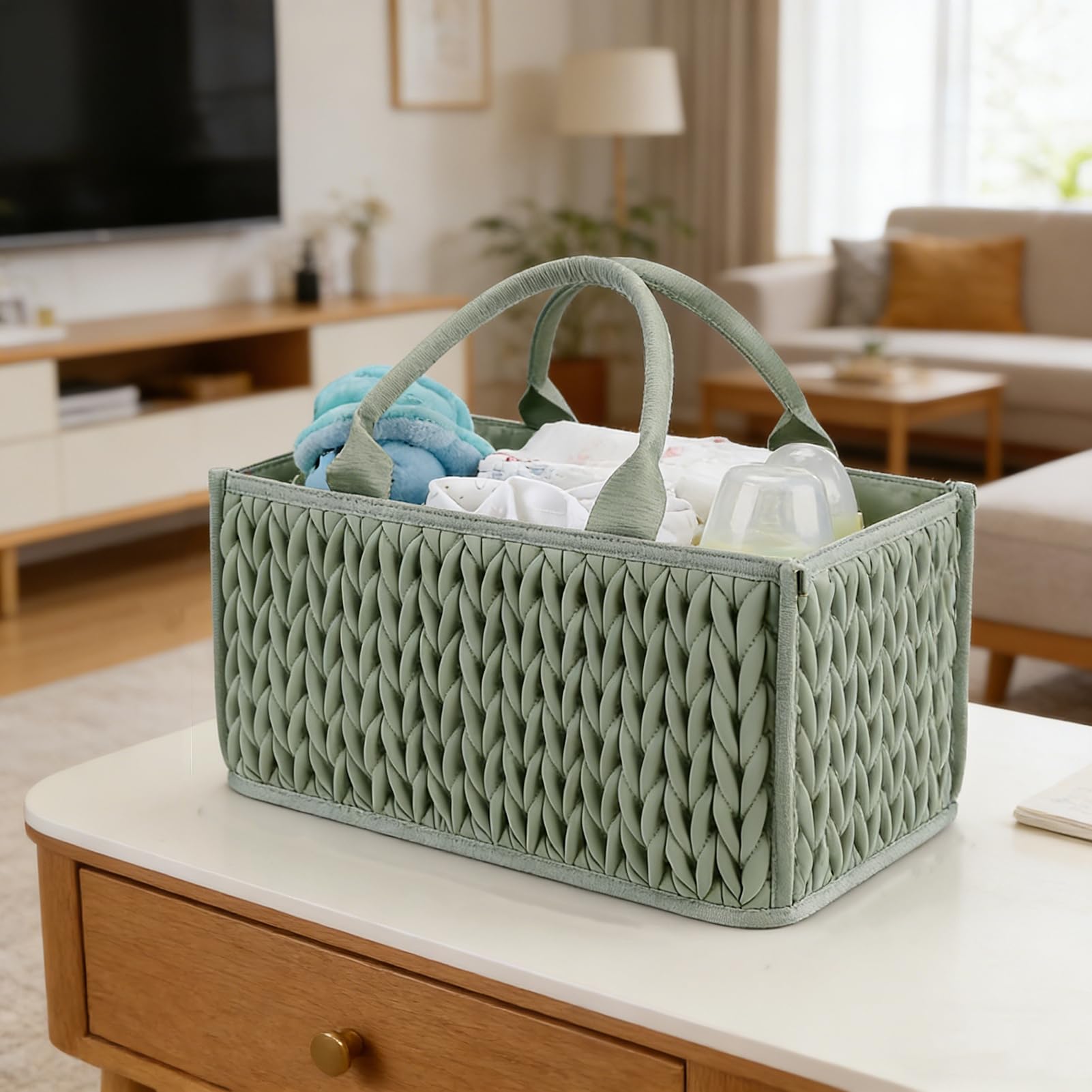 Organizador trenzado acolchado para pañales, cesta de almacenamiento para guardería con compartimento, asa portátil, toallitas para bebé, bolsa de pañales