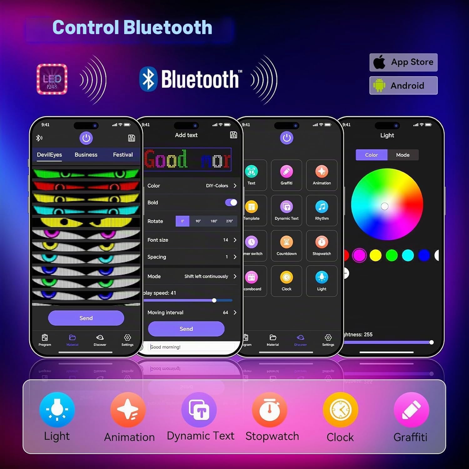 Grande Tablero de indicadores LED flexible, 146 x 20 cm, programable RGB mediante Bluetooth Smart App, panel de matriz de ojos de diablo, para coche, bar, publicidad, restaurante, tienda, decoración