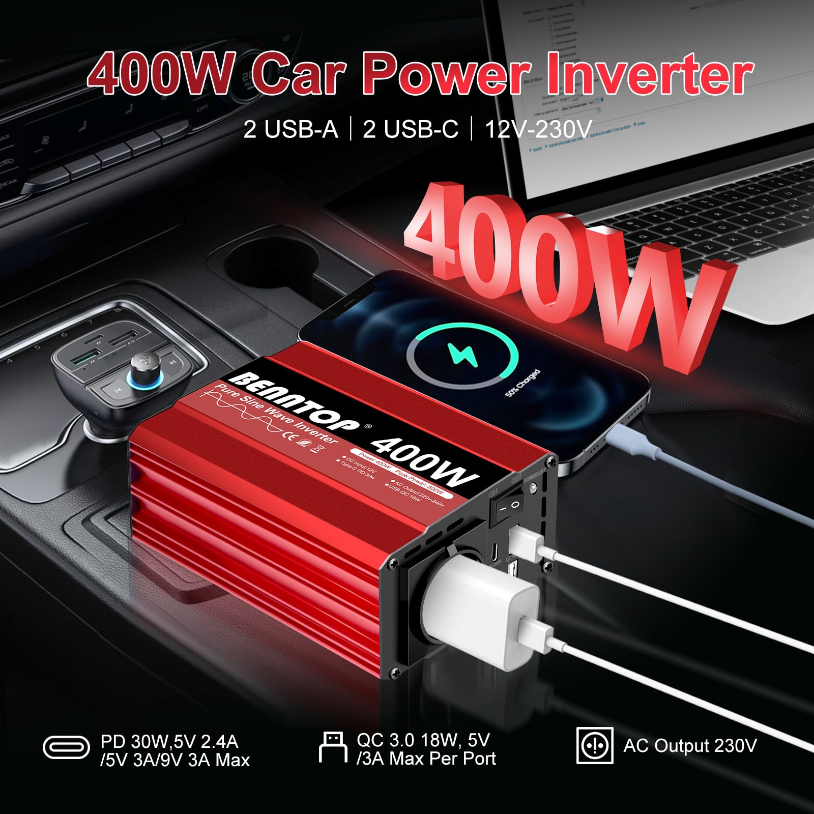 400W Wechselrichter 12v auf 230v Spannungswandler Reiner Sinus mit EU Buchse, Typ-C, USB Anschluss,Stromwandler Auto Adapter mit Zigarettenanzünder für iPhone, iPad, Tablet