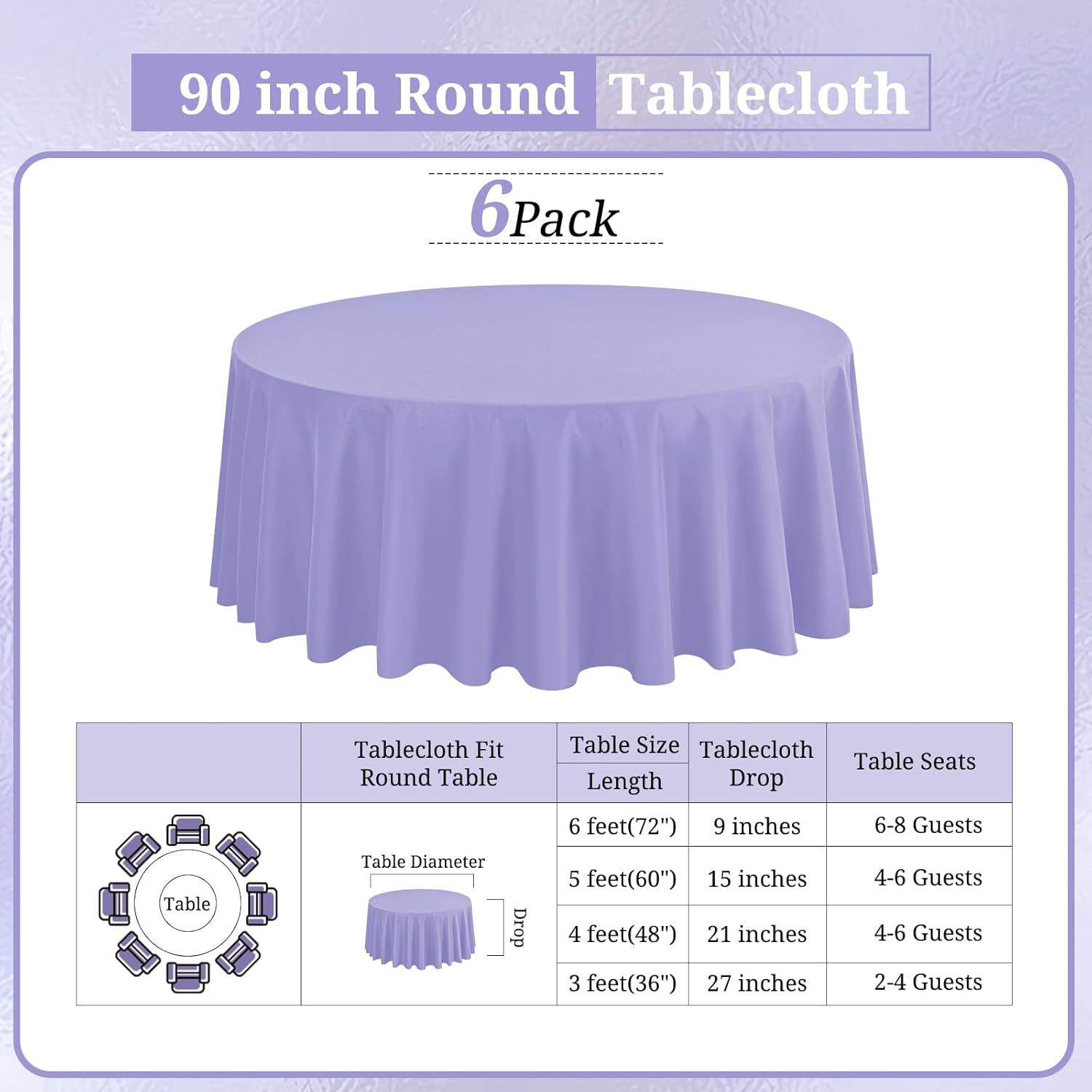 6 pack lavender round tablecloths - 90 inch, polyester table cover, stain and wrinkle resistant washable fabric, perfect for wedding banquet parties lavender 6 pack 90 inch round